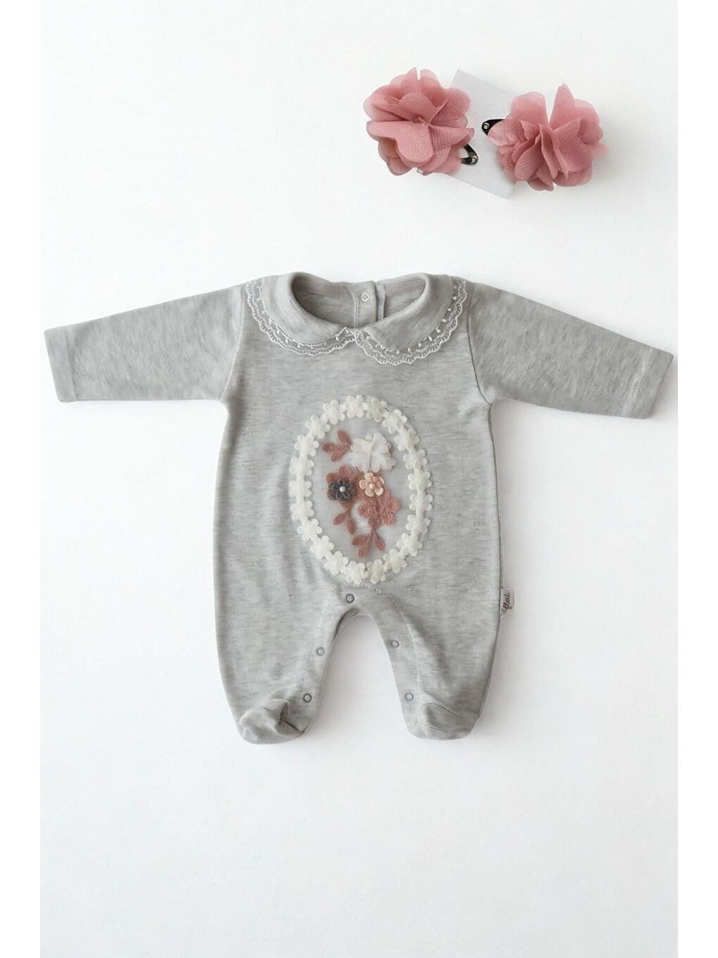 Kız Bebek Çiçek Detay Gri Tulum Toka Takım-3