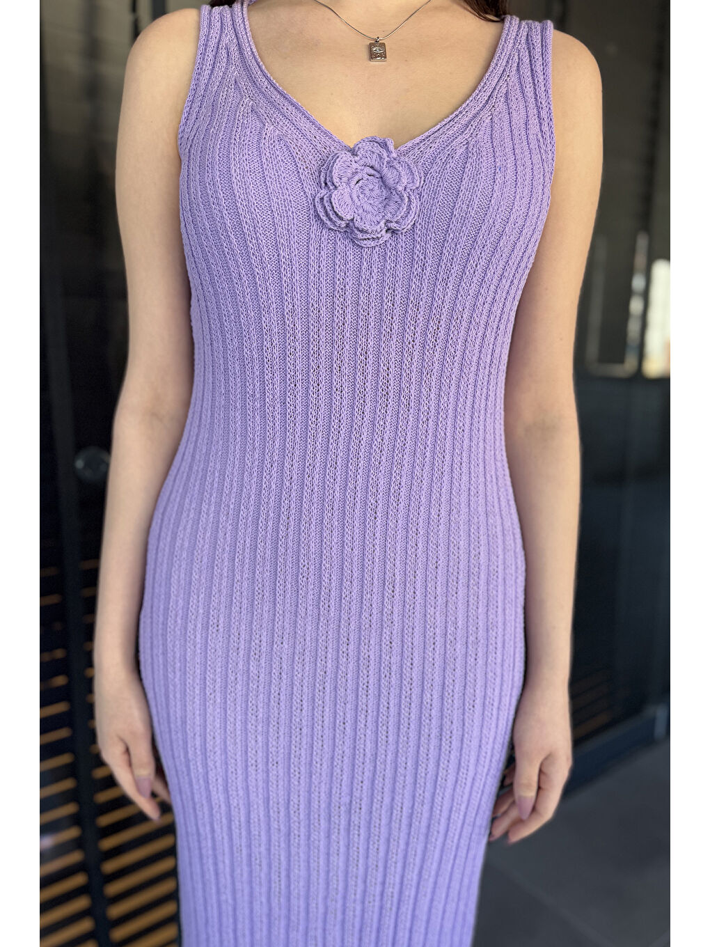 Lila Gül Detaylı Kadın Örme Triko Elbise ( İçlikle Giyilmesi Önerilir)-3