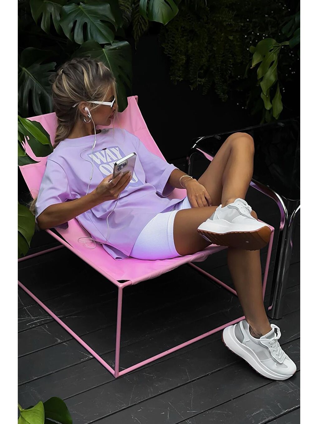 Lila Baskılı Bisiklet Yaka Overfit Tişört-5