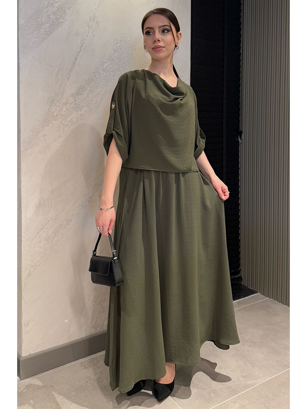 Haki Degaje Yaka Kol Detaylı Cepli Kadın Bluz Etek İkili Takım-1