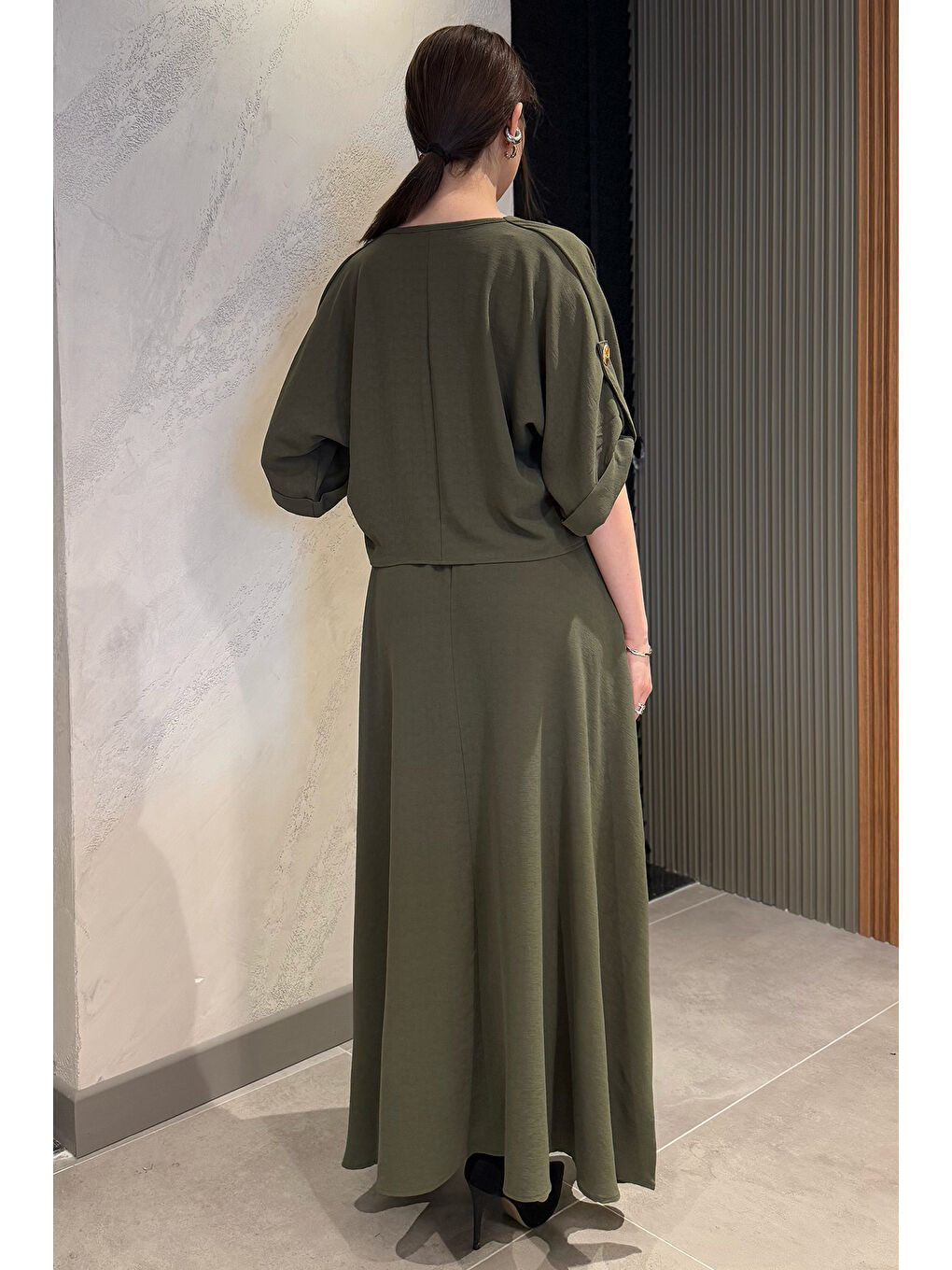 Haki Degaje Yaka Kol Detaylı Cepli Kadın Bluz Etek İkili Takım-2