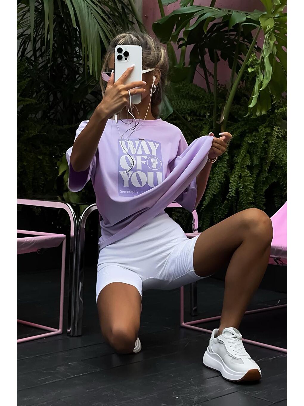 Lila Baskılı Bisiklet Yaka Overfit Tişört-6