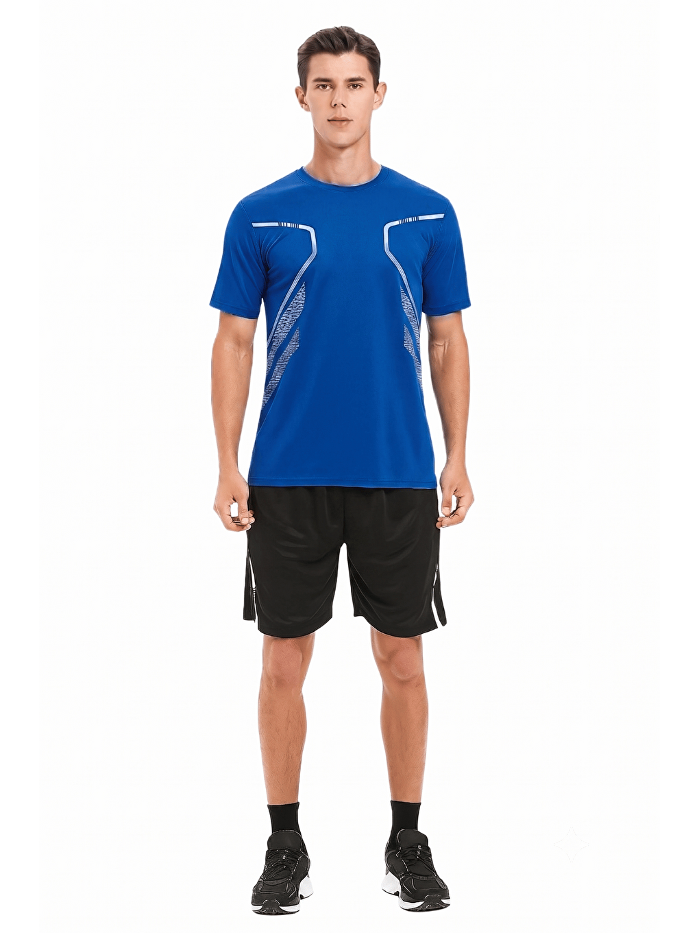 Mavi Erkek Spor Tişört Antreman Gym Polyester Erkek Sporcu T-shirt ŞERİTLİ-TİŞÖRT-1