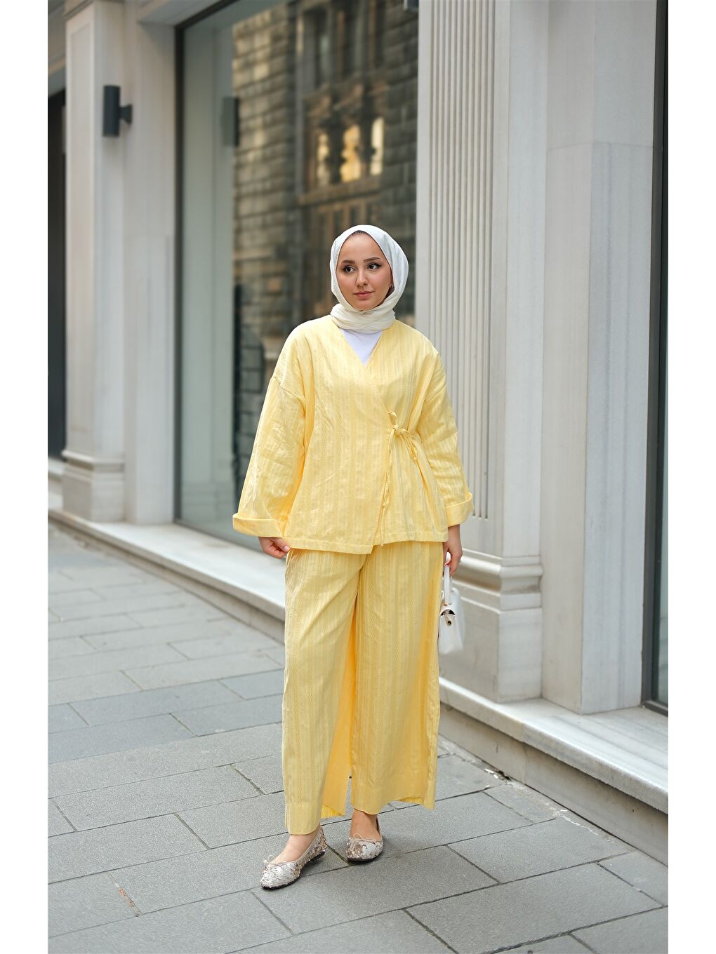 Kadın Badem Dikişli Kimono Takım Sarı