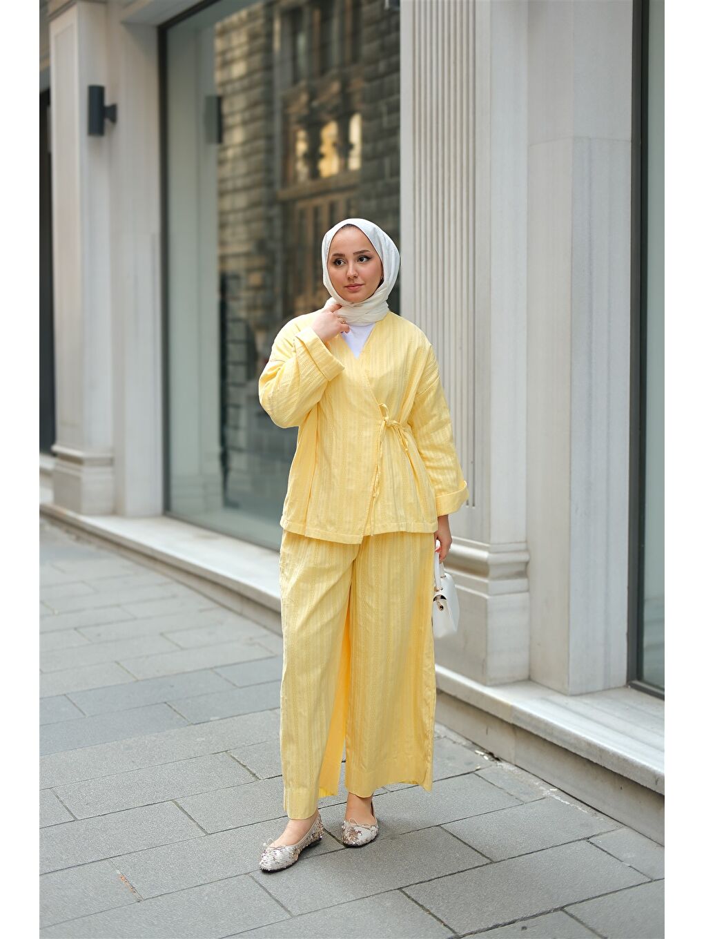 Kadın Badem Dikişli Kimono Takım Sarı-1