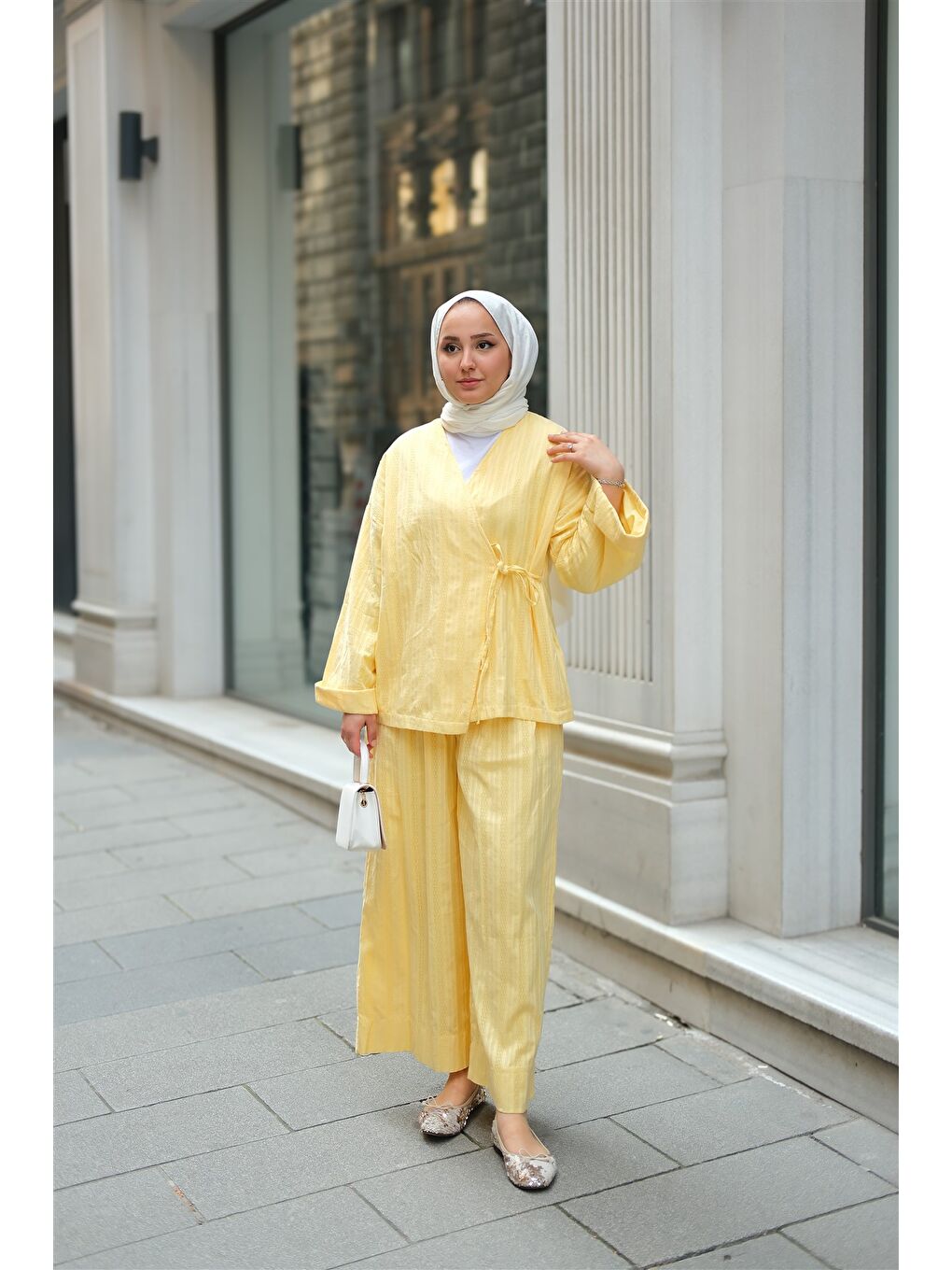 Kadın Badem Dikişli Kimono Takım Sarı-2