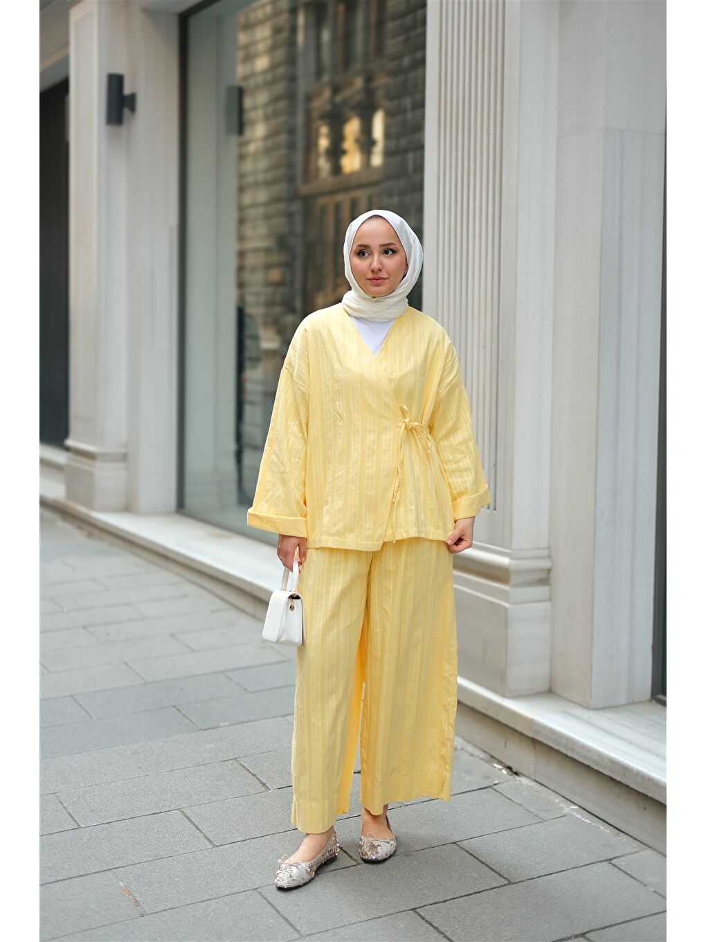 Kadın Badem Dikişli Kimono Takım Sarı-3