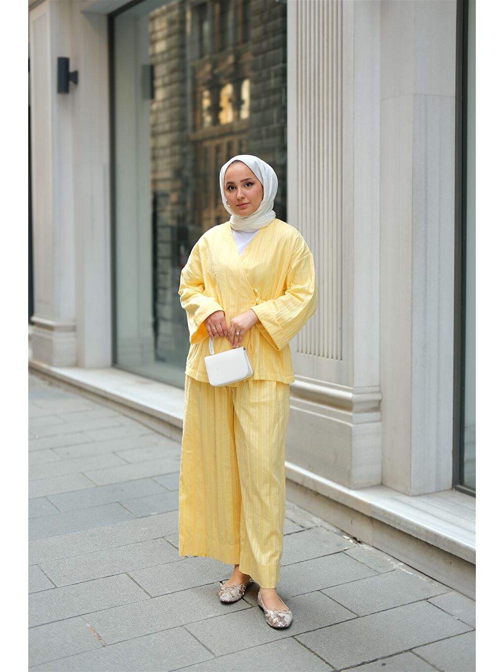 Kadın Badem Dikişli Kimono Takım Sarı-4