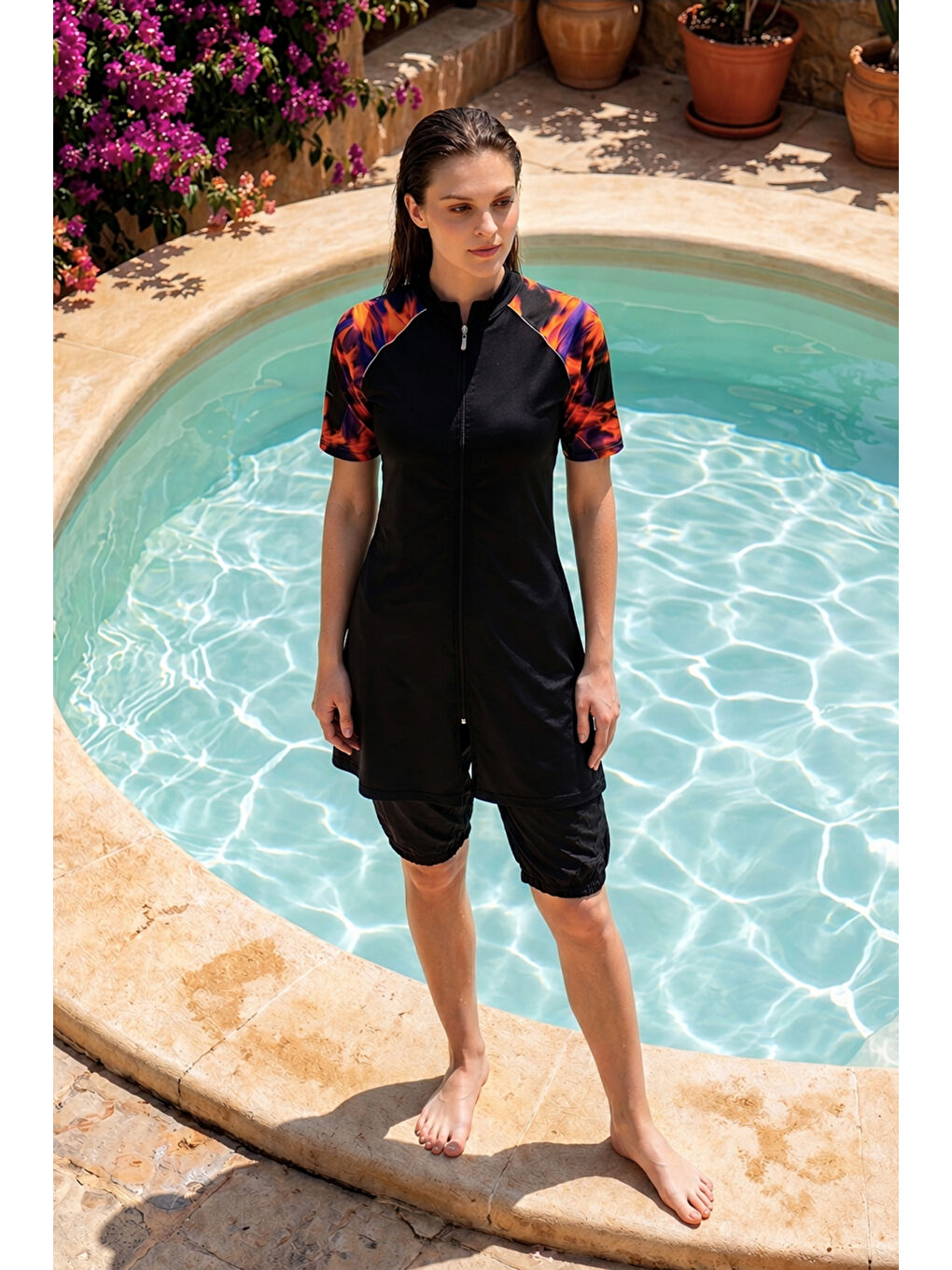 Siyah Önü Kapaklı Paraşüt Kısa Kollu Yarı Kapalı Mayo R301