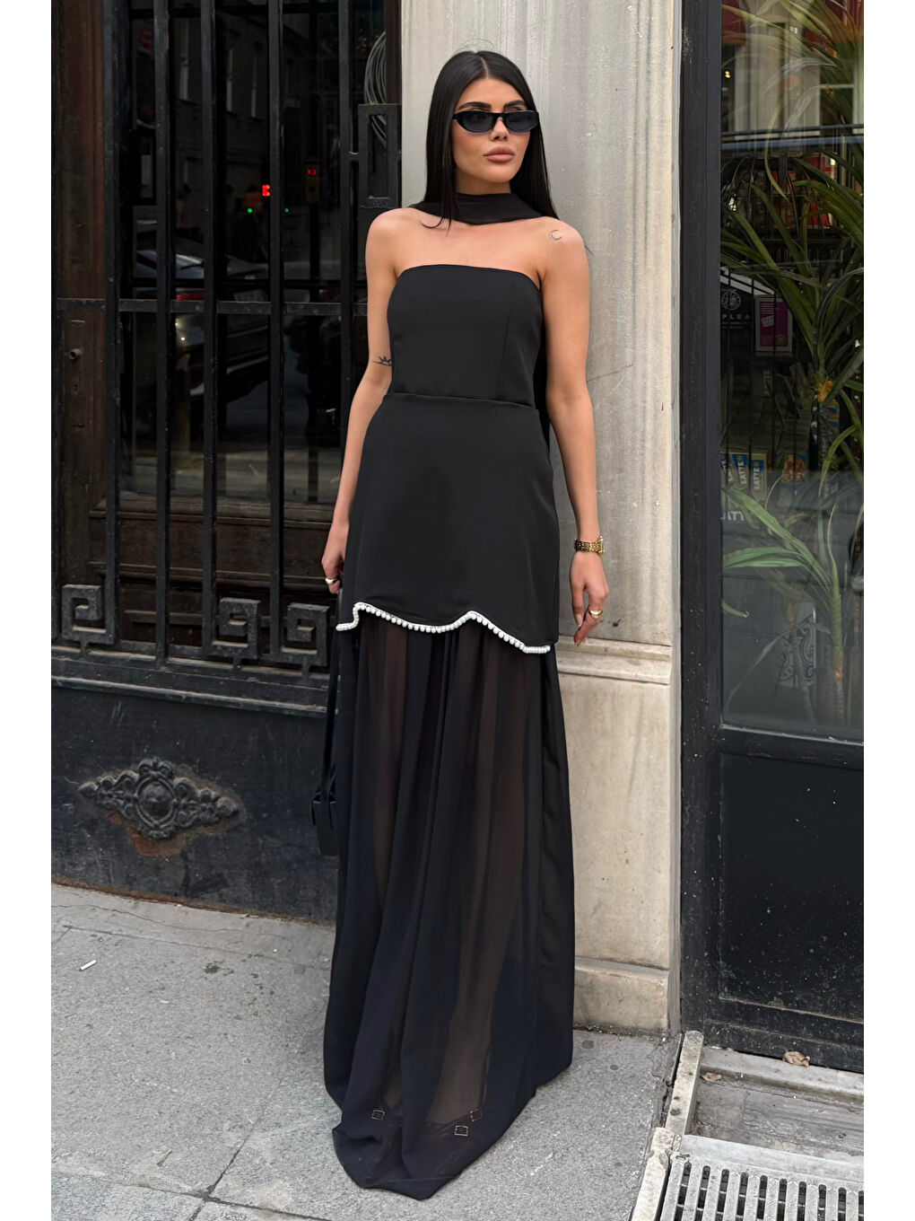 Kadın Siyah Straplez Şal Yaka Mini Elbise