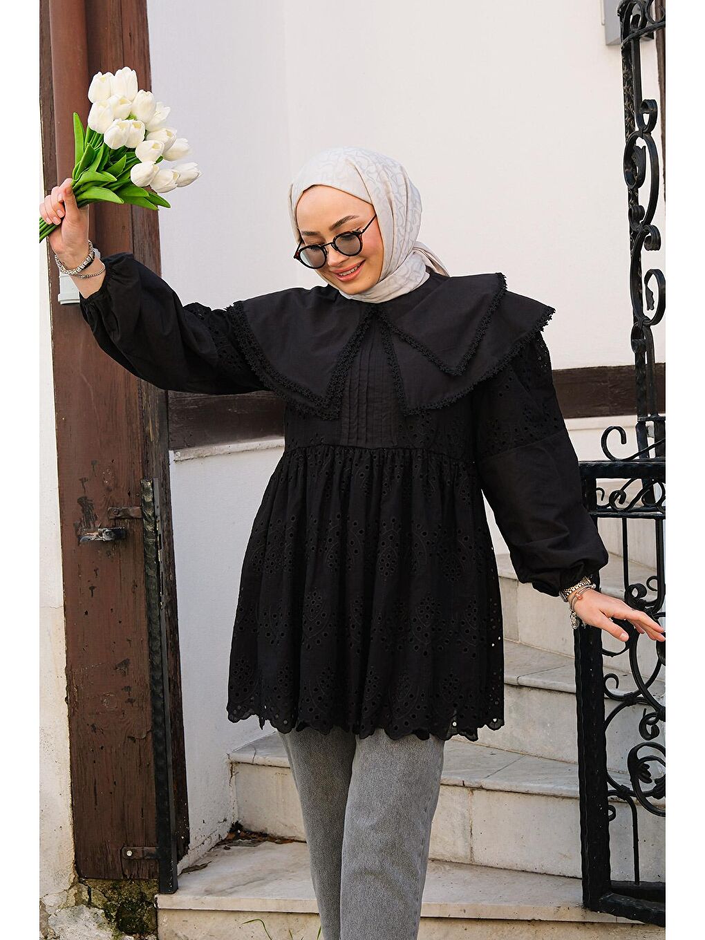 Bebe Yaka Dantel Detay Gömlek Siyah-4