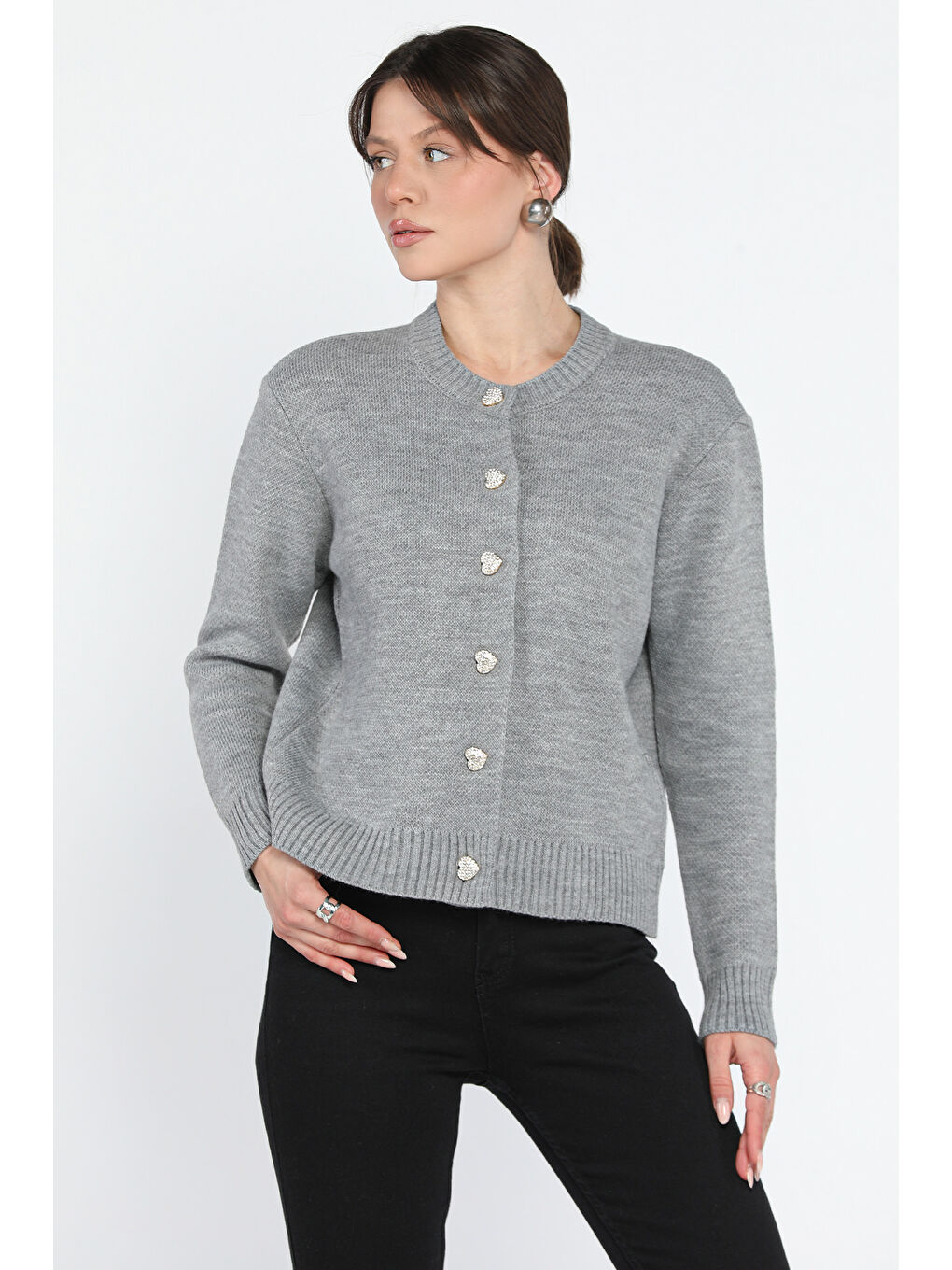 Gri Kadın Taşlı Kalp Figürlü Düğmeli Triko Hırka
