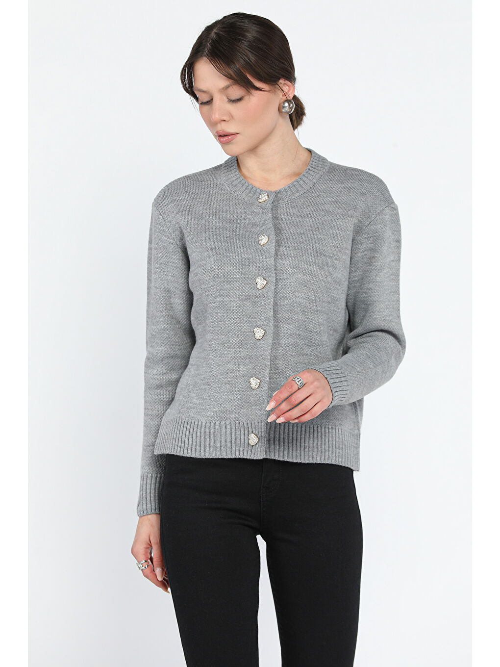 Gri Kadın Taşlı Kalp Figürlü Düğmeli Triko Hırka-1