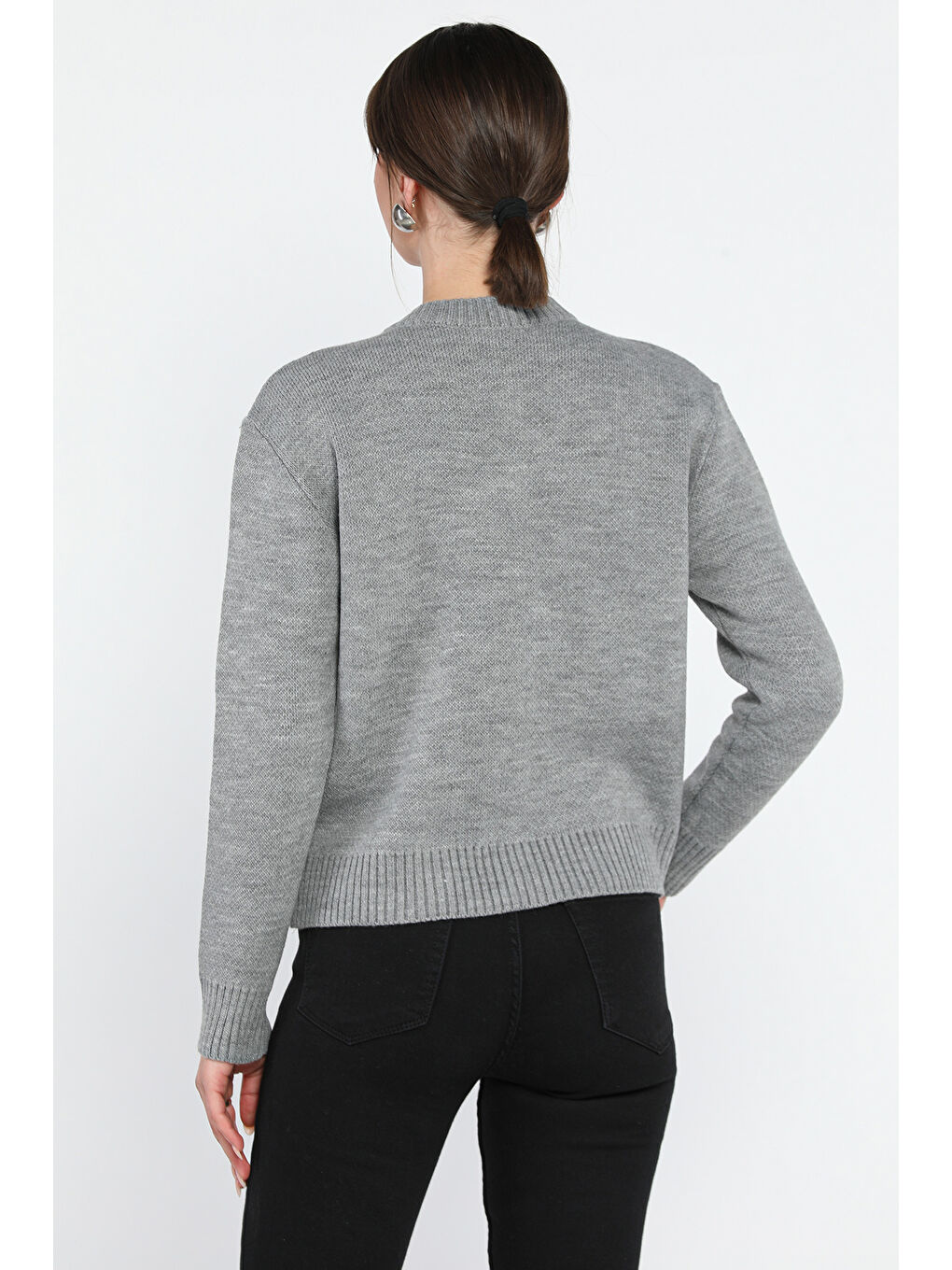 Gri Kadın Taşlı Kalp Figürlü Düğmeli Triko Hırka-2