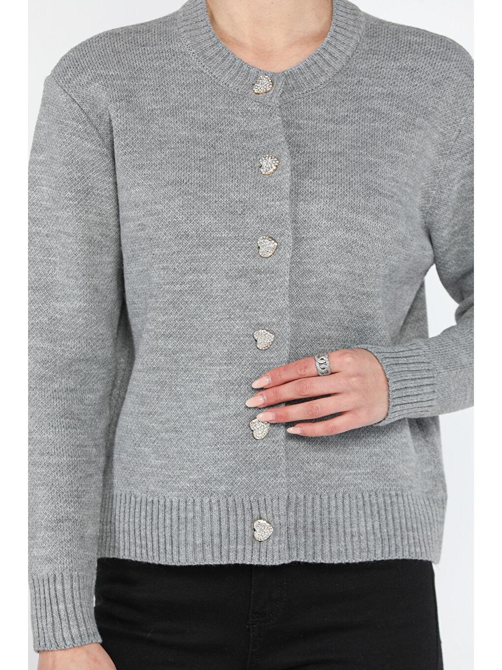 Gri Kadın Taşlı Kalp Figürlü Düğmeli Triko Hırka-3