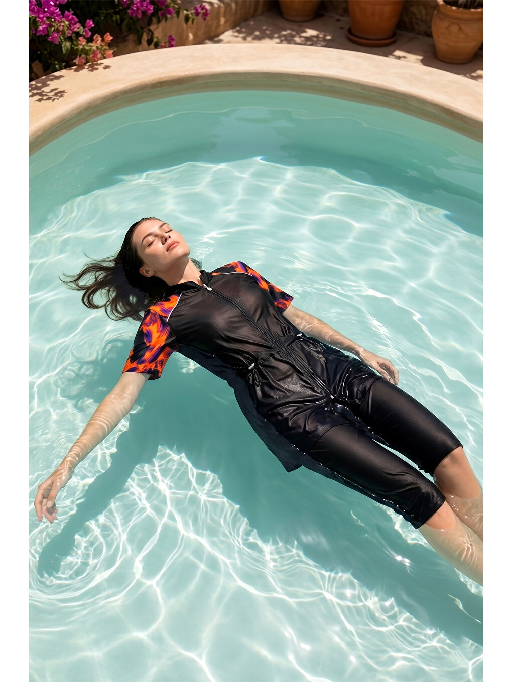 Siyah Önü Kapaklı Paraşüt Kısa Kollu Yarı Kapalı Mayo R301-1