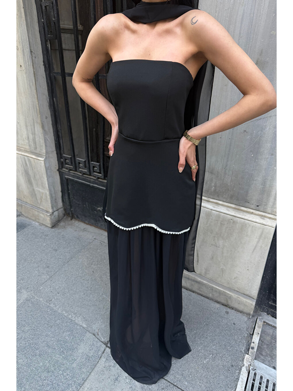 Kadın Siyah Straplez Şal Yaka Mini Elbise-1