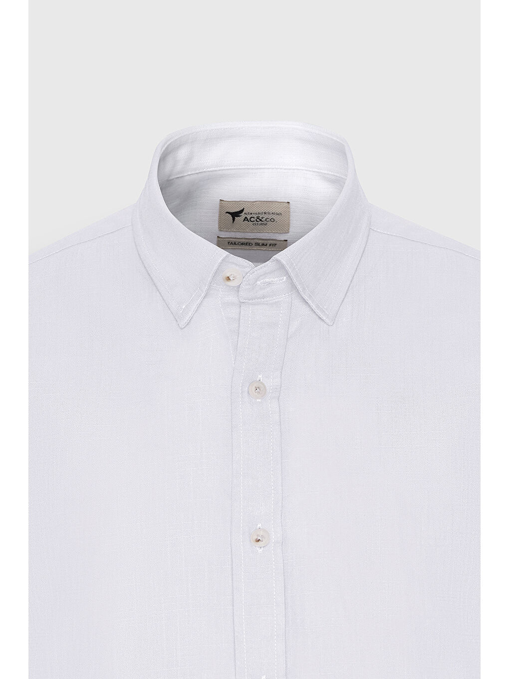 Erkek Beyaz Slim Fit Dar Kesim Gizli Düğmeli Yaka Keten Görünümlü %100 Pamuk Flamlı Gömlek-6