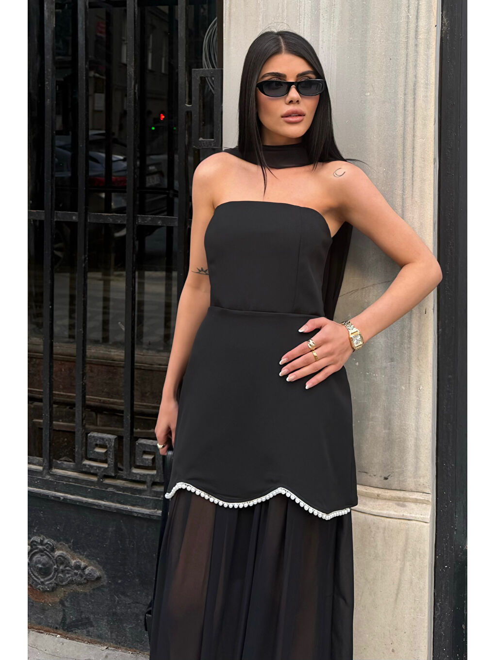 Kadın Siyah Straplez Şal Yaka Mini Elbise-2