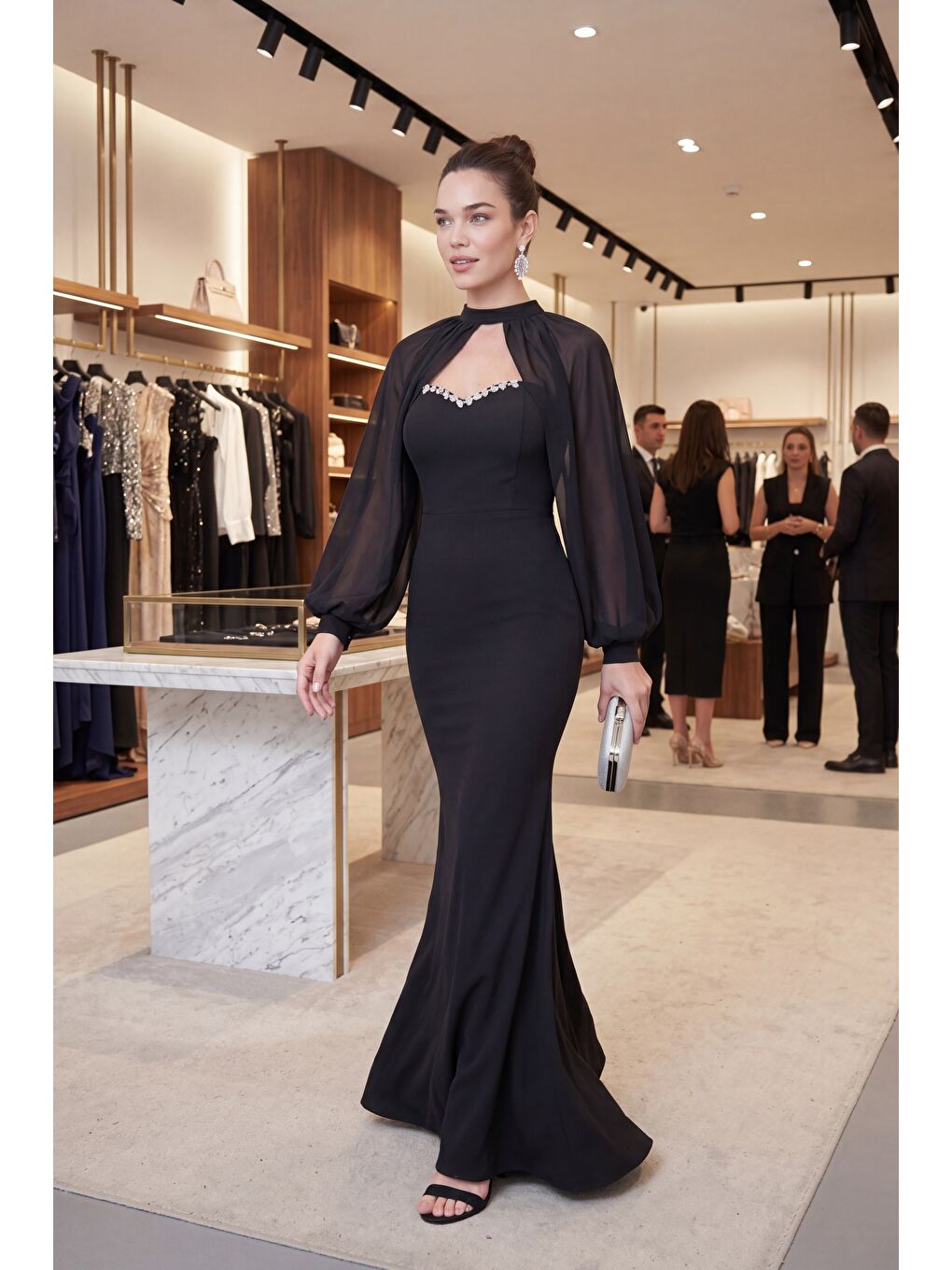 Kadın Siyah Straplez Pelerinli Taş Detay Uzun Davet Elbisesi-4