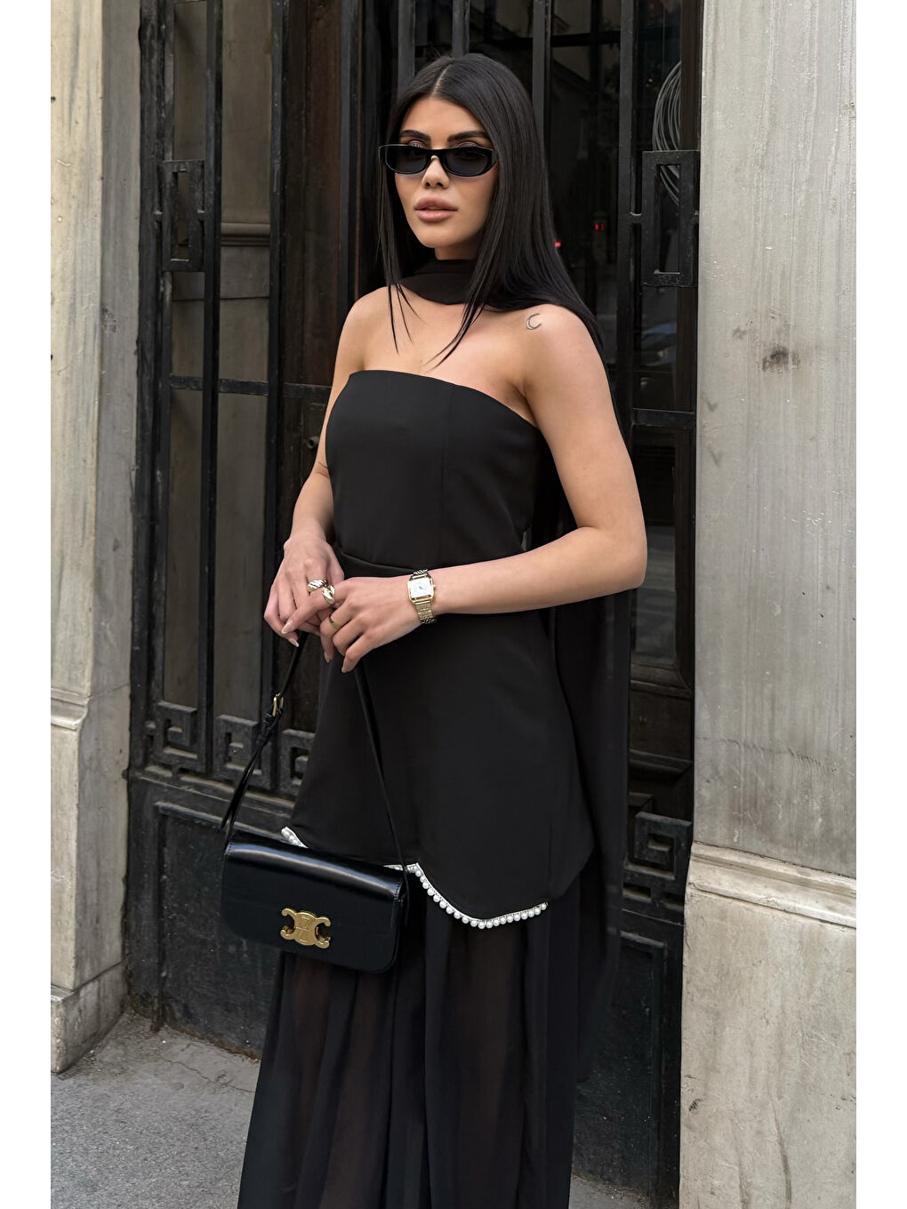 Kadın Siyah Straplez Şal Yaka Mini Elbise-3