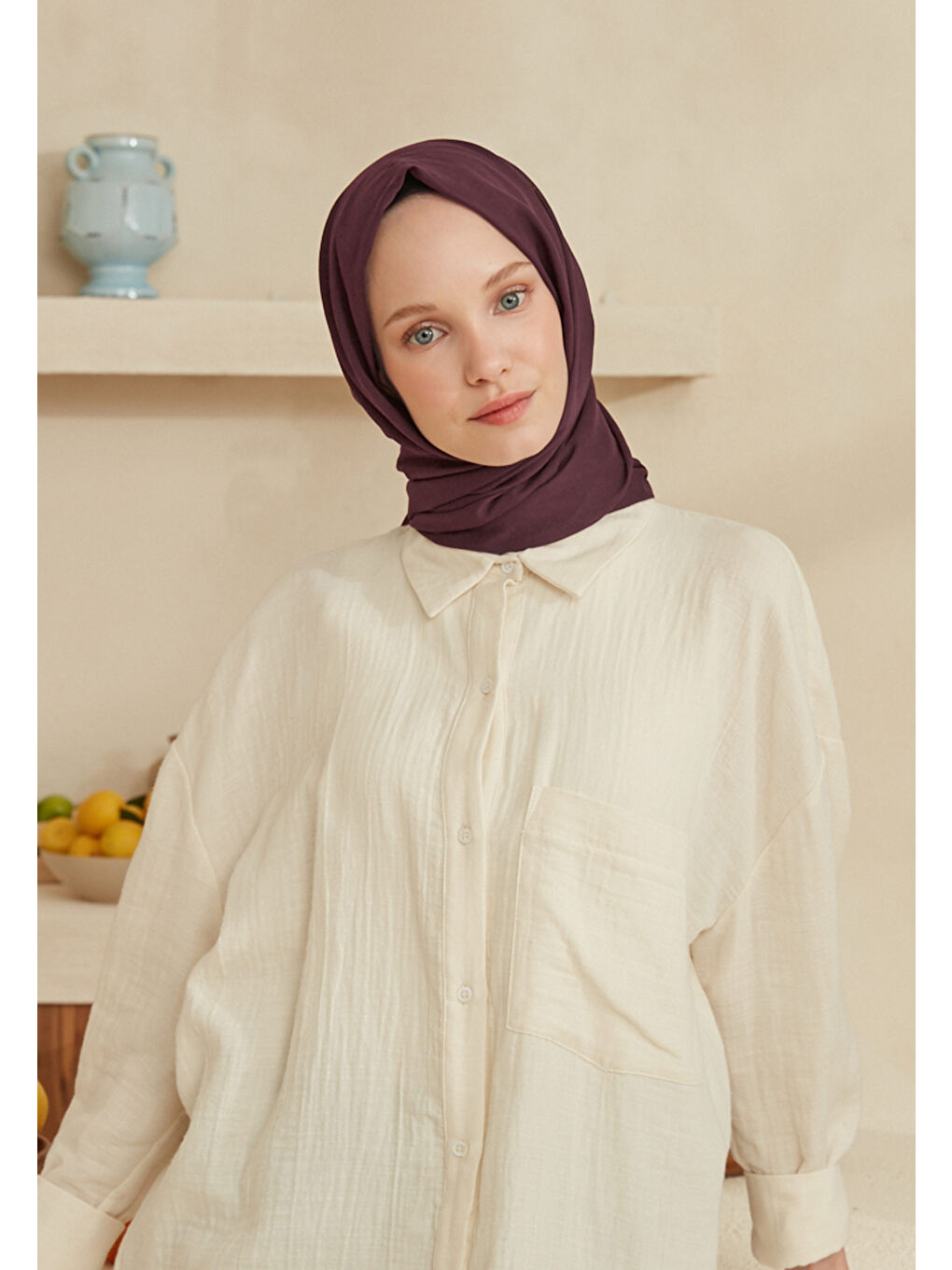 İnce Pamuk Vual Şal Patlıcan Moru-4