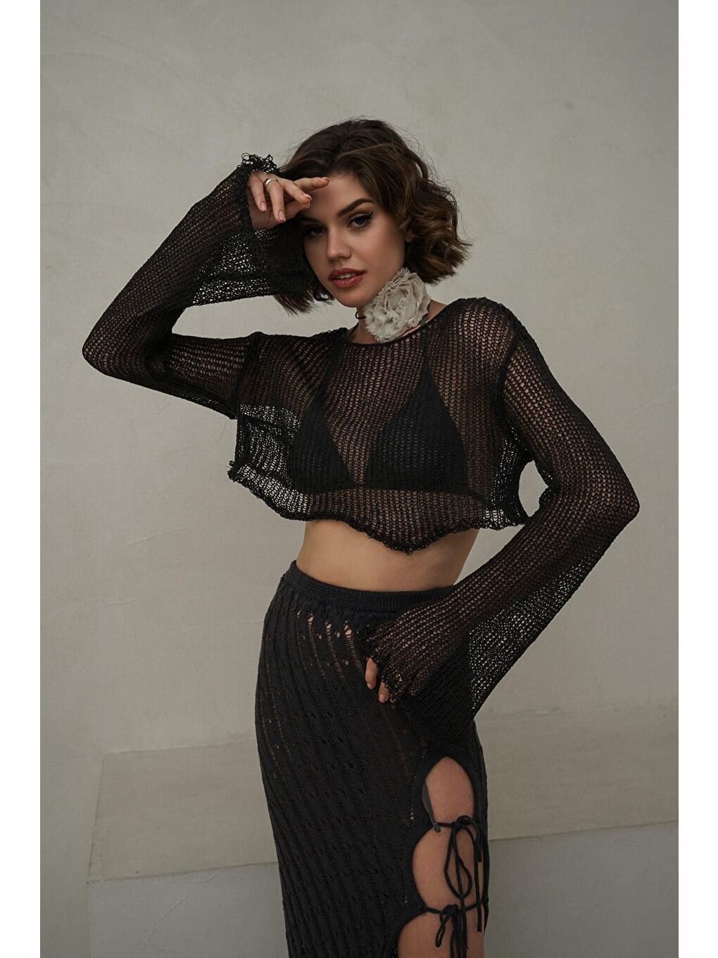 Gri Daisy Füme İnce Triko Crop