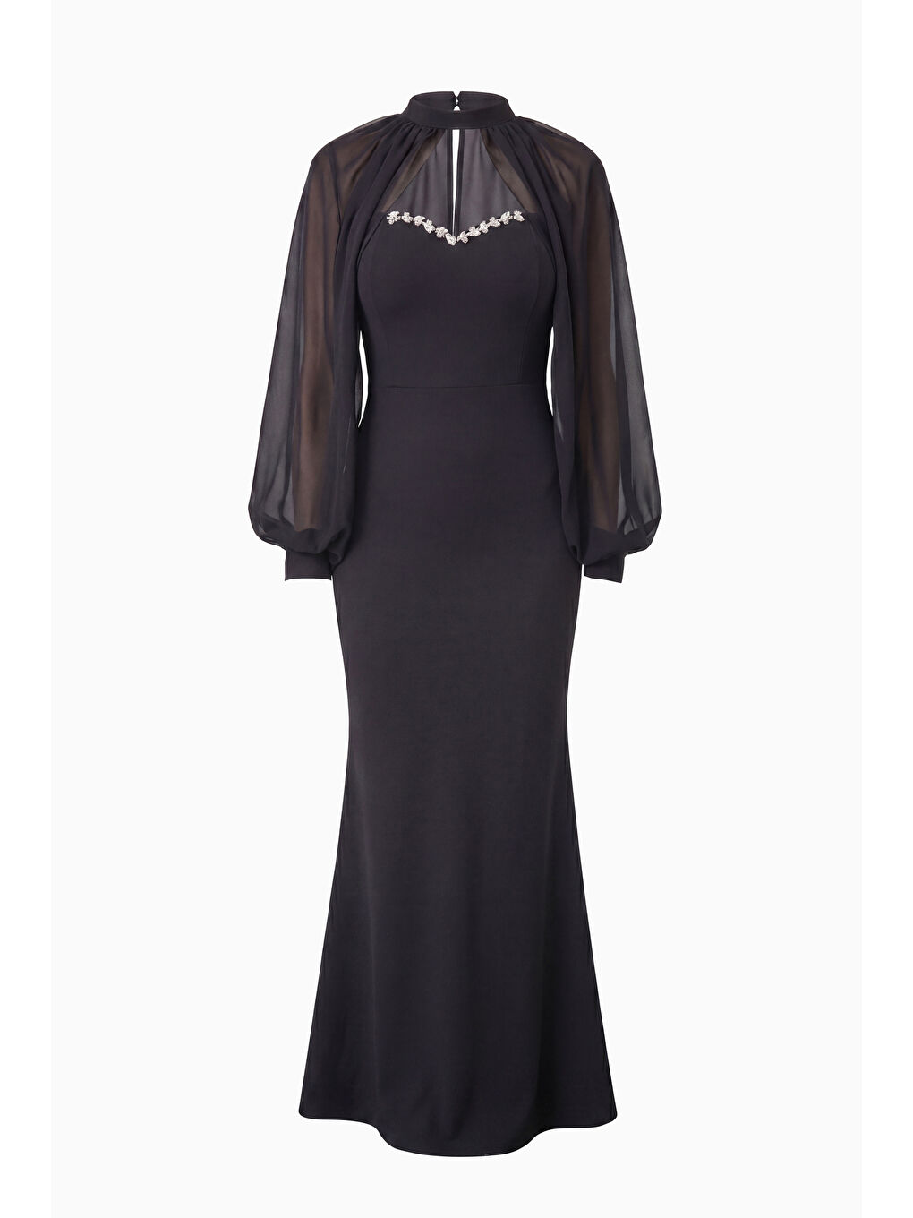 Kadın Siyah Straplez Pelerinli Taş Detay Uzun Davet Elbisesi-6