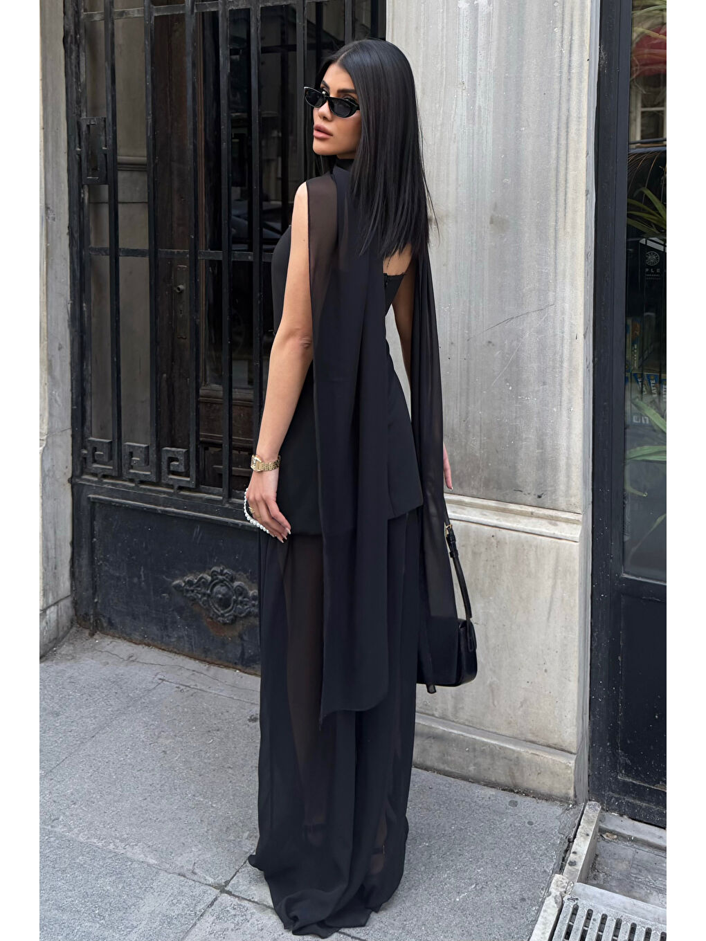 Kadın Siyah Straplez Şal Yaka Mini Elbise-4