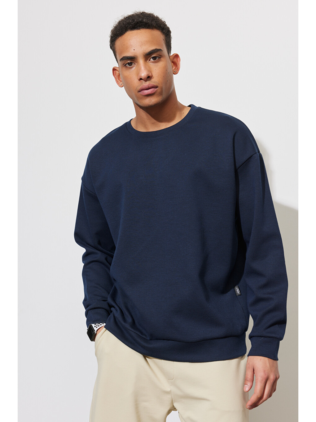 Erkek Lacivert Oversize Bol Kesim Bisiklet Yaka Düz Sweatshirt