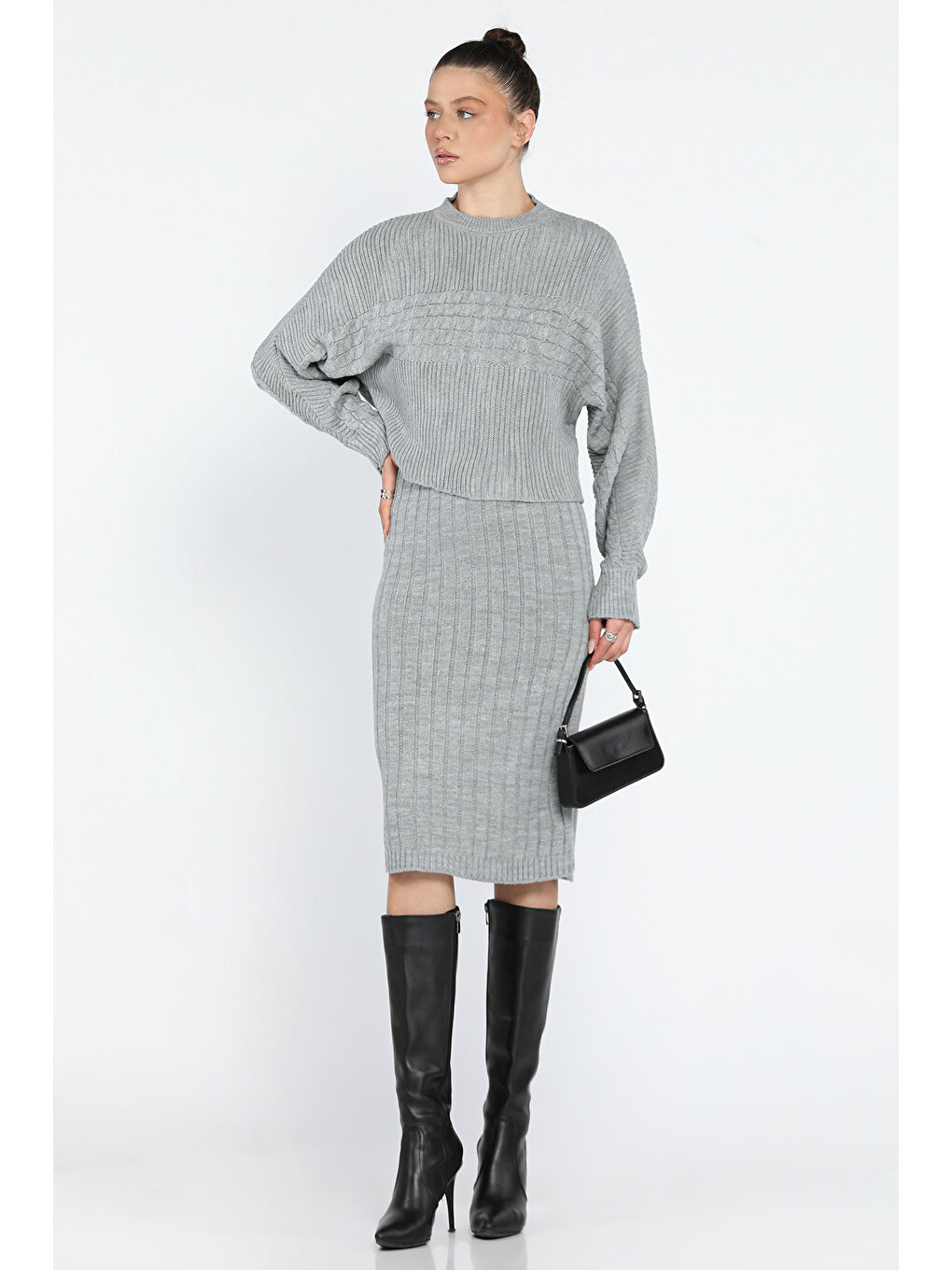 Gri Kadın Bluz Elbise Kombinli İkili Triko Takım-1