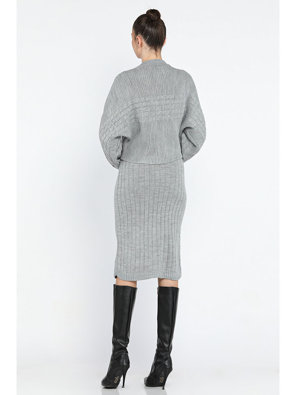 Gri Kadın Bluz Elbise Kombinli İkili Triko Takım-2