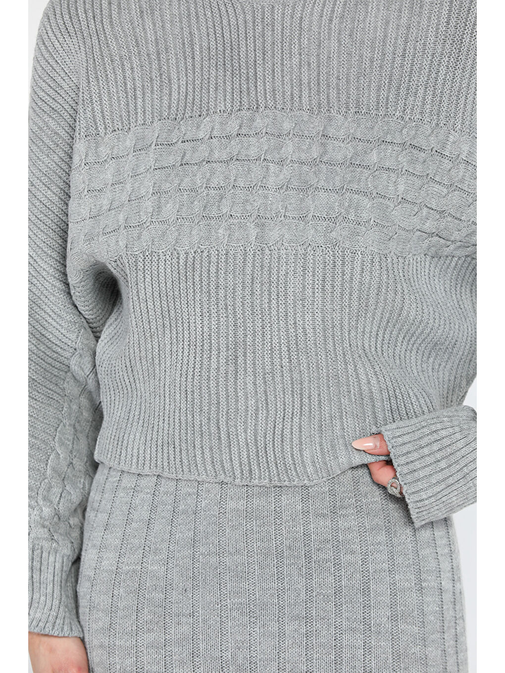 Gri Kadın Bluz Elbise Kombinli İkili Triko Takım-3