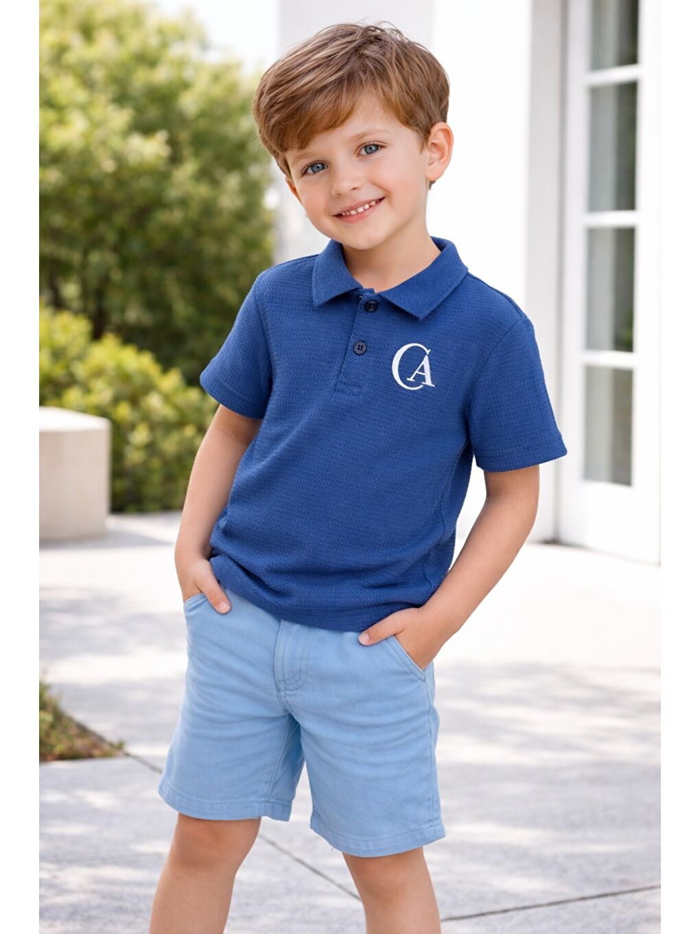 Mavi Tarz Lakos Yaprak Desenli Belden Ayarlanabilir Kısa Kollu Şortlu 2'li Takım Çocuk ve Bebek Giyi-1