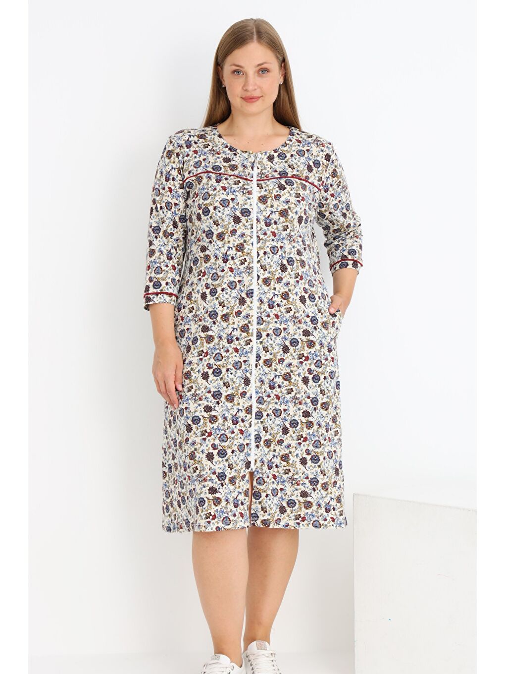 Ekru Kadın Büyük Beden Desenli Cepli Biyeli Boydan Fermuarlı Pamuklu Truvakar Kollu Elbise