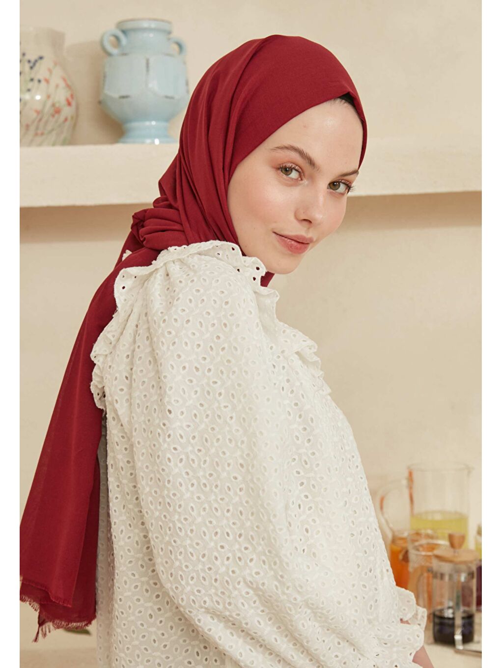 İnce Pamuk Vual Şal Bordo-4
