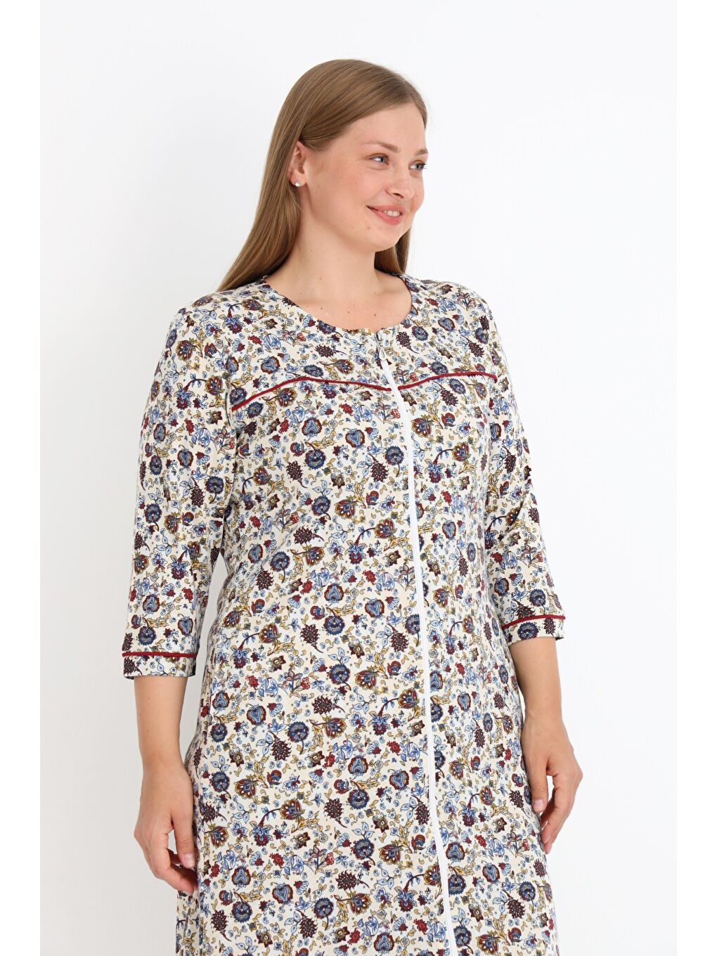Ekru Kadın Büyük Beden Desenli Cepli Biyeli Boydan Fermuarlı Pamuklu Truvakar Kollu Elbise-2