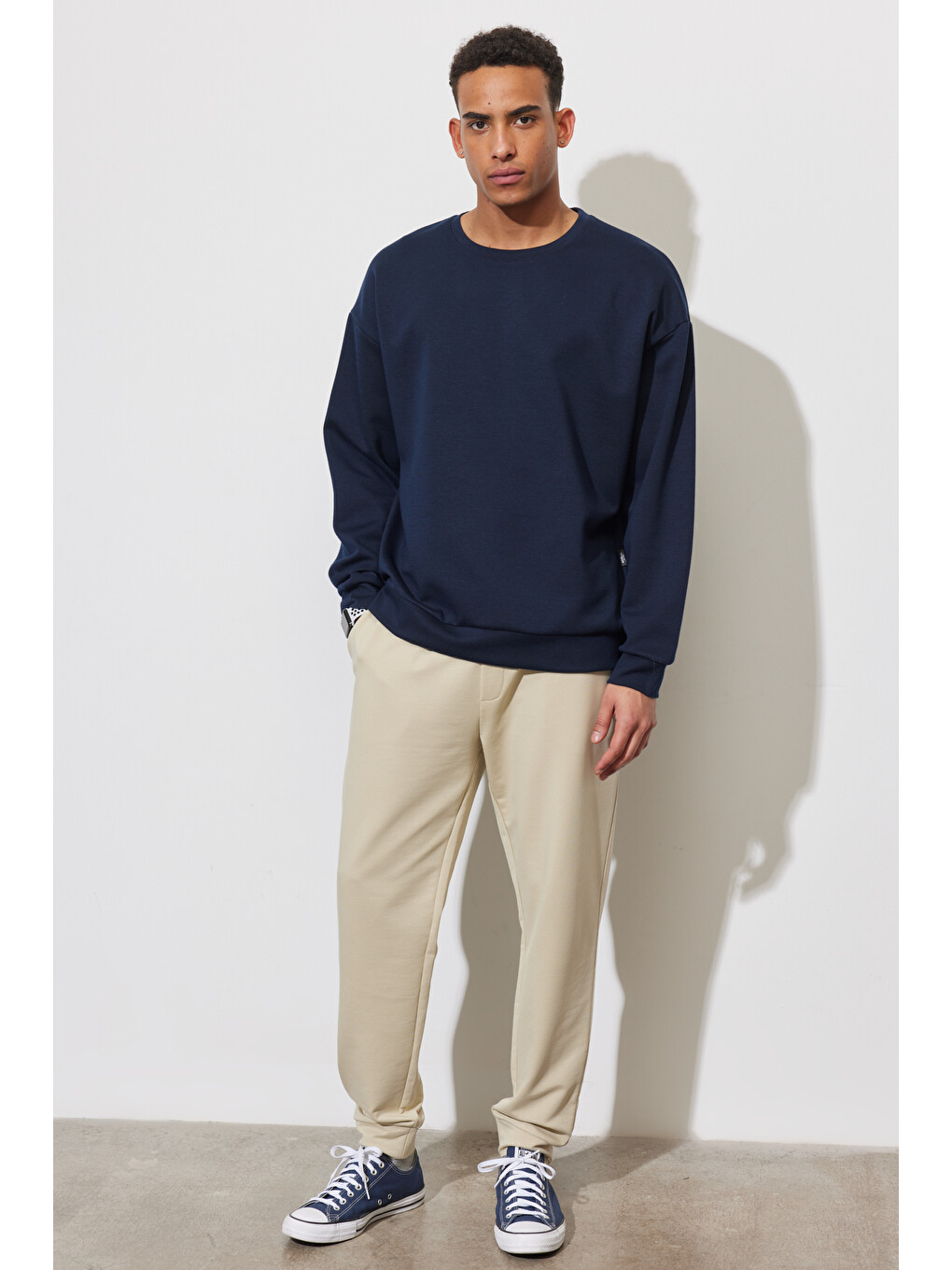 Erkek Lacivert Oversize Bol Kesim Bisiklet Yaka Düz Sweatshirt-1