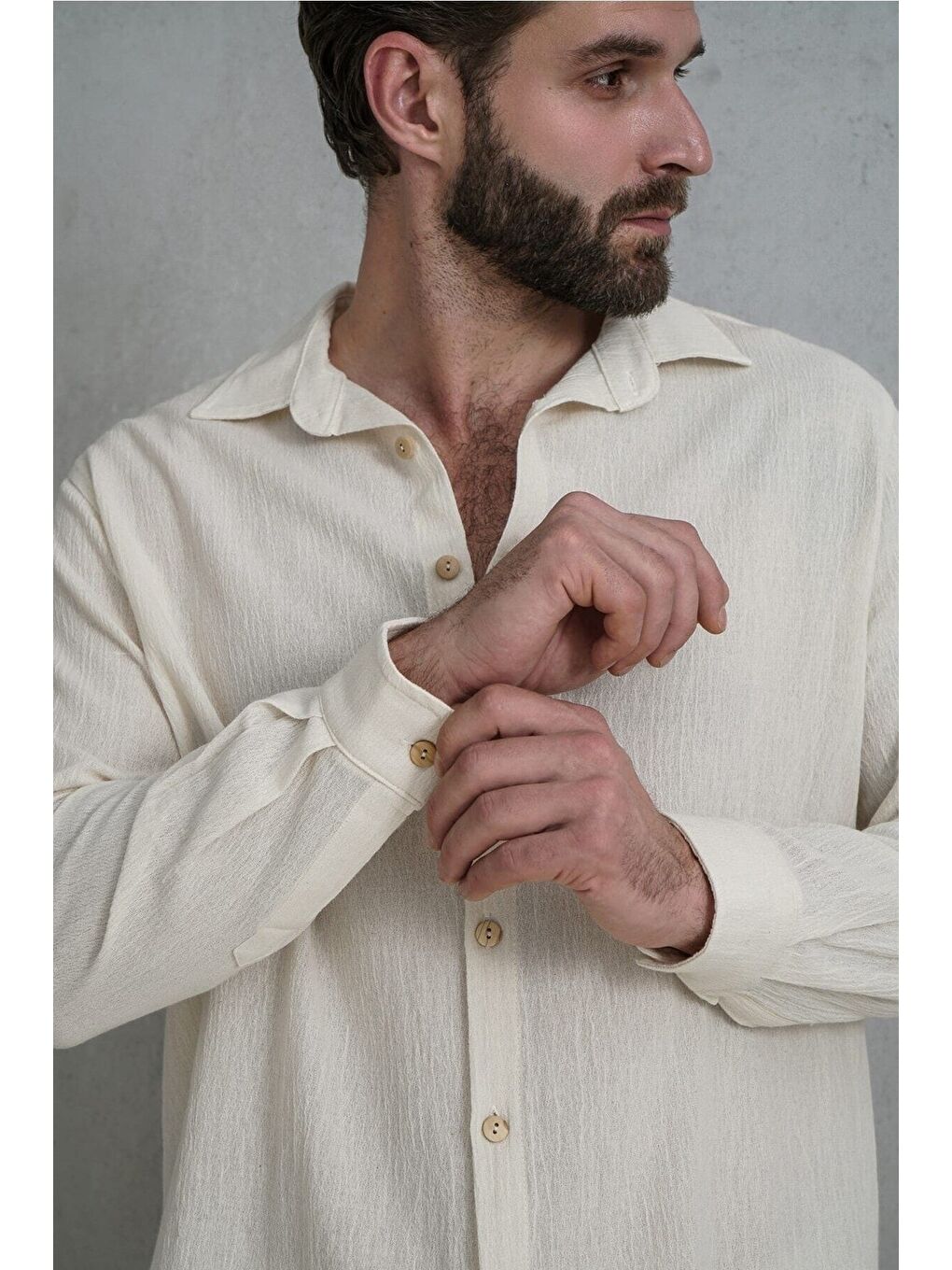 Wesley Erkek Oversize Krinkıl Bej Gömlek-1