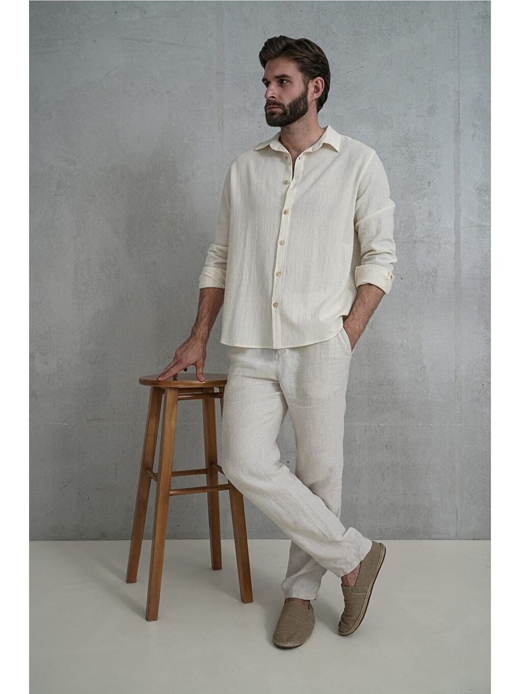 Wesley Erkek Oversize Krinkıl Bej Gömlek-2