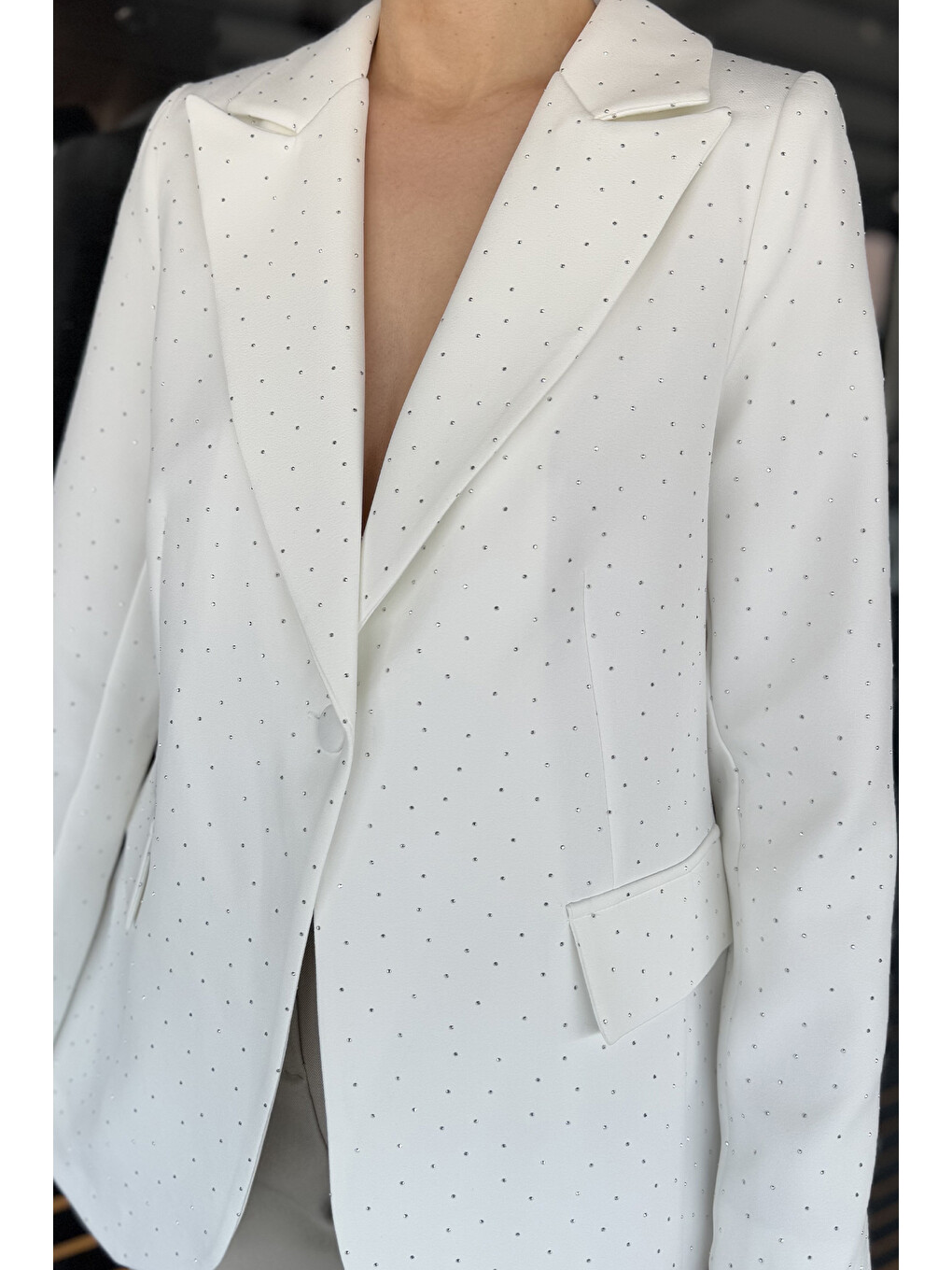 Ekru Taş Detaylı Kadın Tarz Blazer Ceket-3