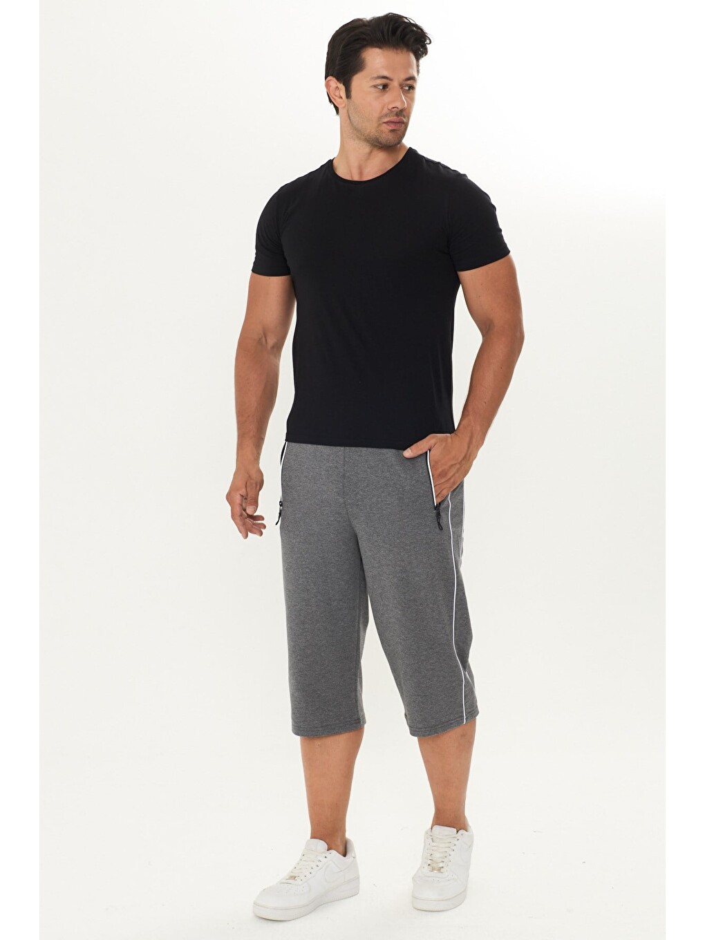 Erkek Pamuklu Şerit Detaylı Kapri Antrasit Melanj-6077-2