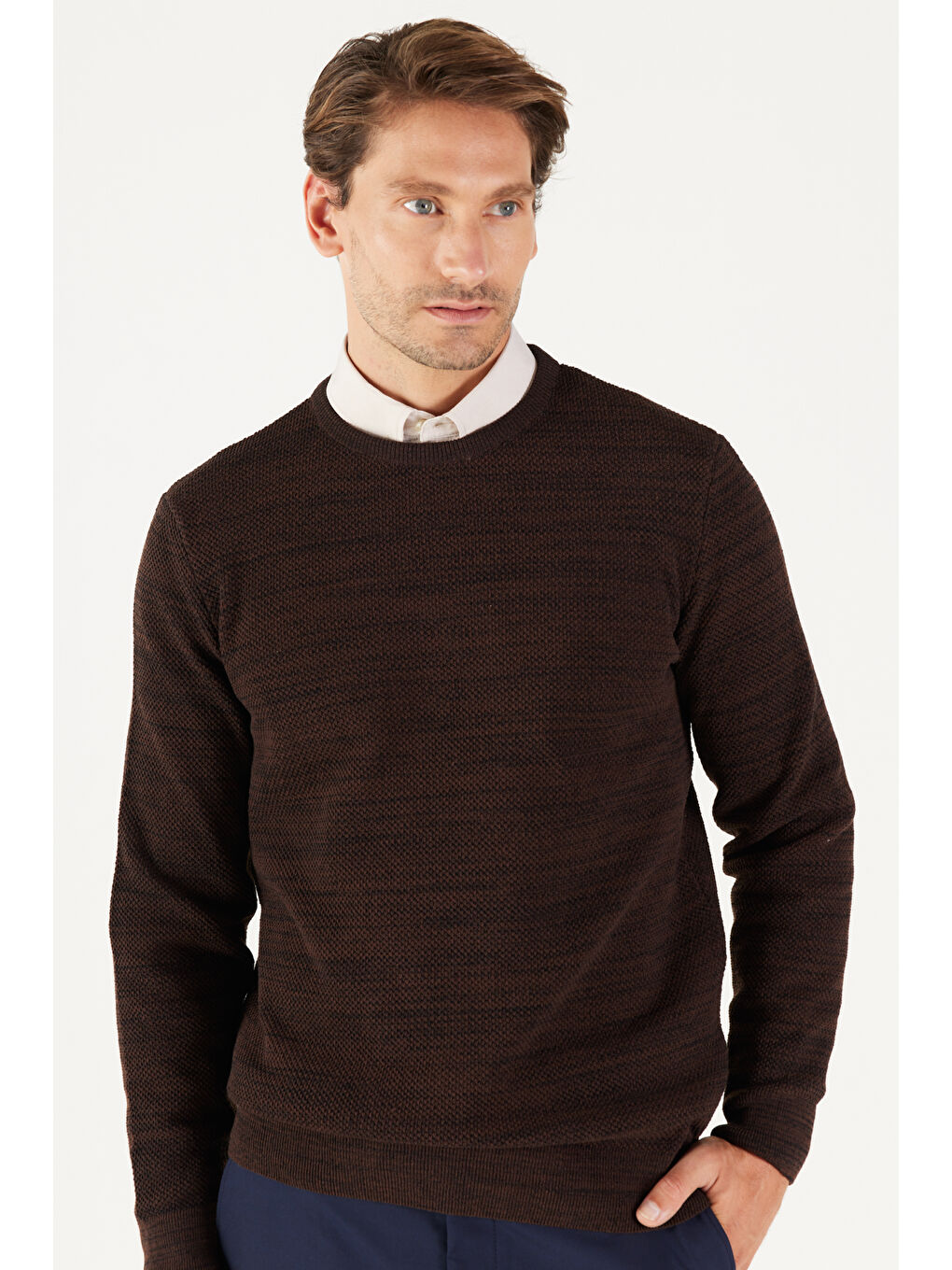 Kahverengi Erkek Kahve-Siyah Recycle Standart Fit Bisiklet Yaka Düz Triko Kazak-2