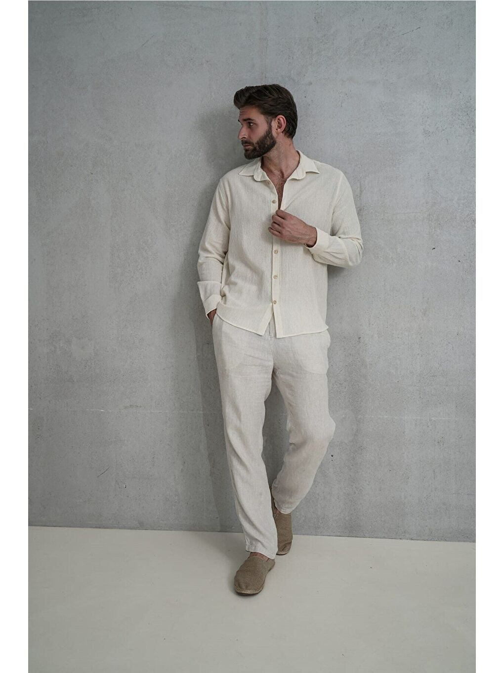 Wesley Erkek Oversize Krinkıl Bej Gömlek-3