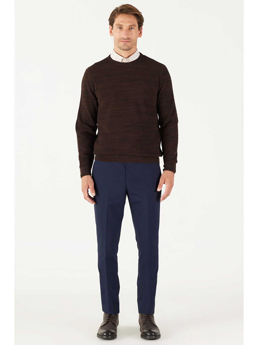 Kahverengi Erkek Kahve-Siyah Recycle Standart Fit Bisiklet Yaka Düz Triko Kazak-3