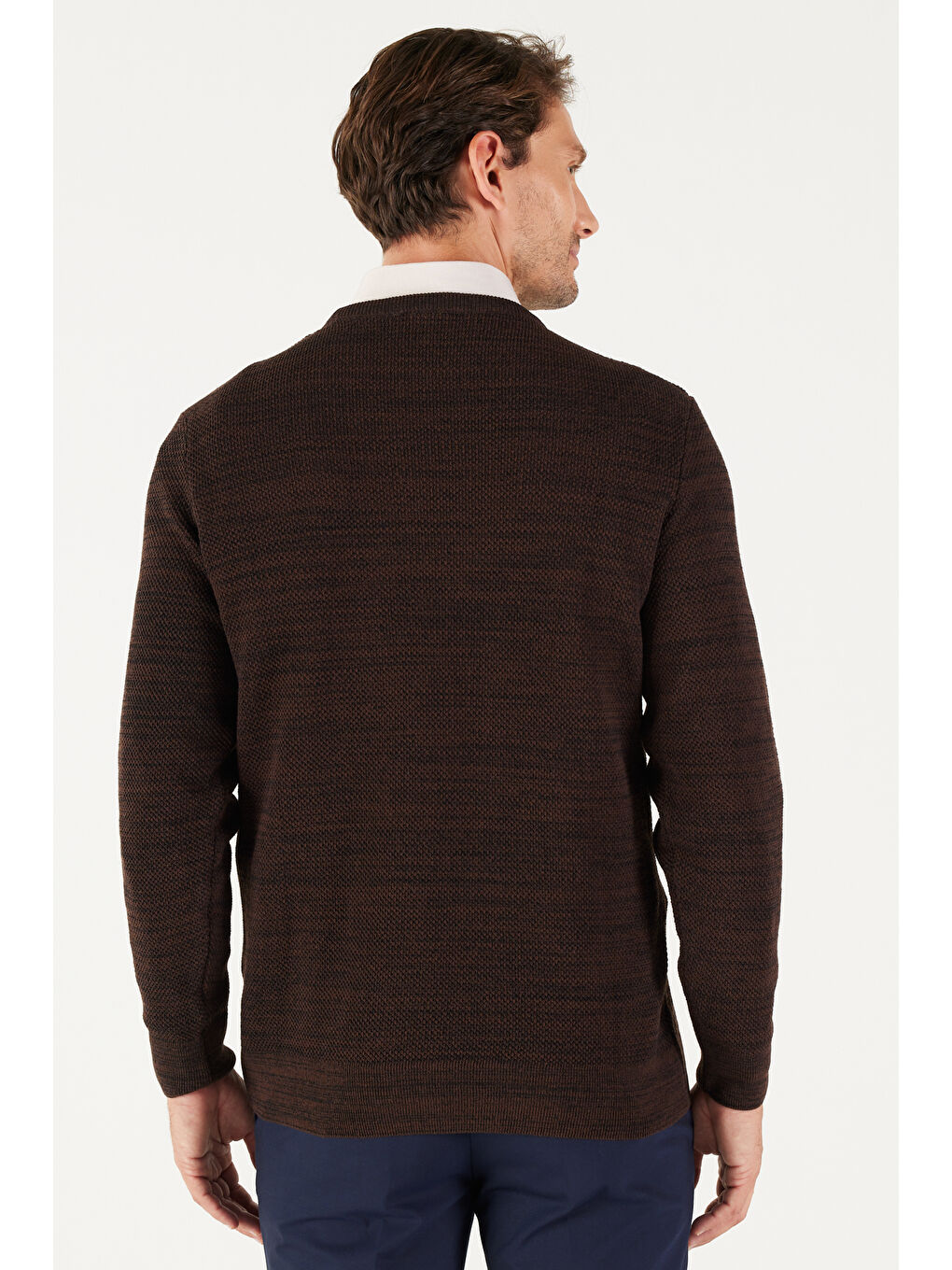 Kahverengi Erkek Kahve-Siyah Recycle Standart Fit Bisiklet Yaka Düz Triko Kazak-4