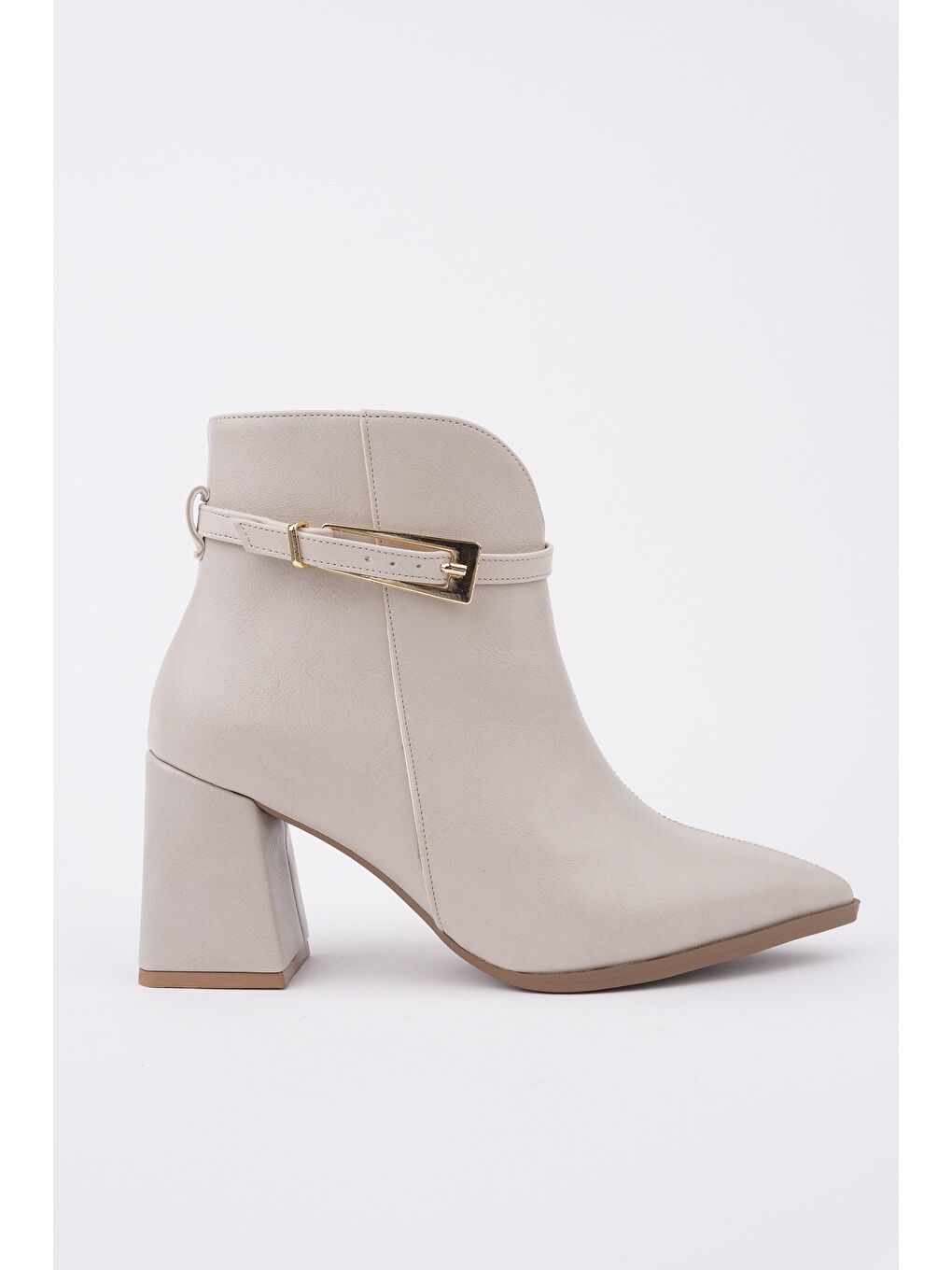Bej GLORİA Sivri Burun Kemer Detaylı Kalın Topuklu Fermuarlı Kadın Bot-1