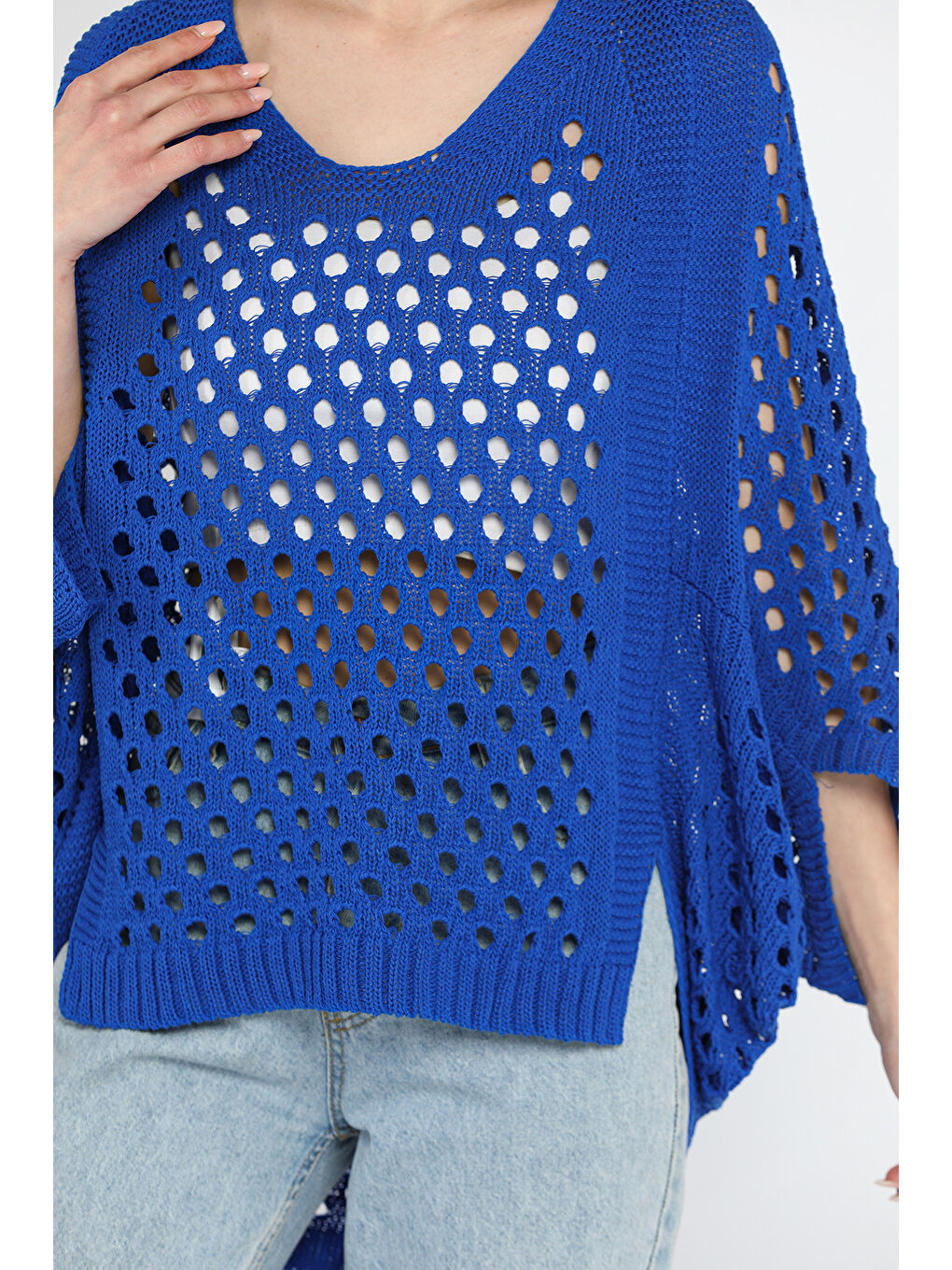 Mavi Ajurlu Kadın Triko Bluz-3