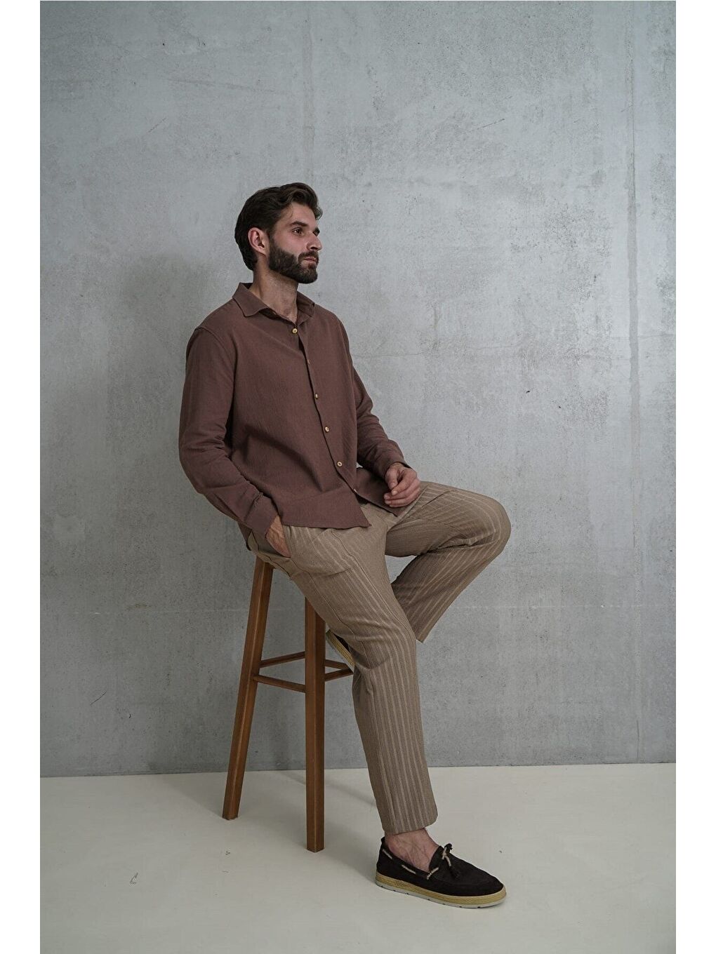 Kahverengi Wesley Erkek Oversize Krinkıl Kahve Gömlek-1