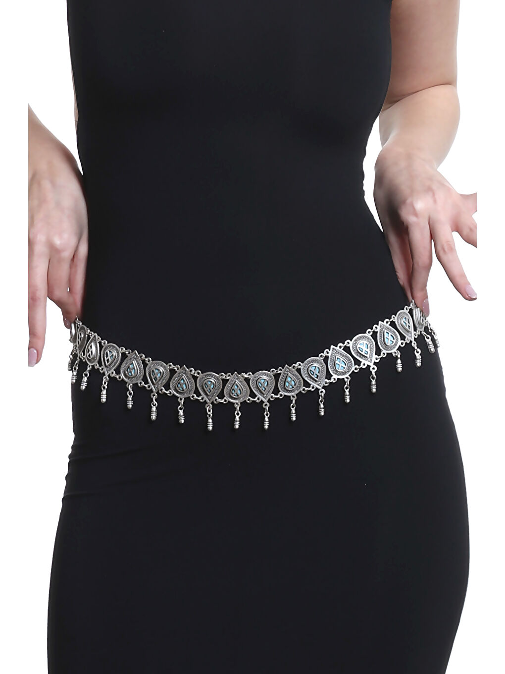 Gri Kadın Antik Gümüş Kaplama Mavi Boncuklu Damla Formlu Bel Kemeri, Bel Kolyesi-2